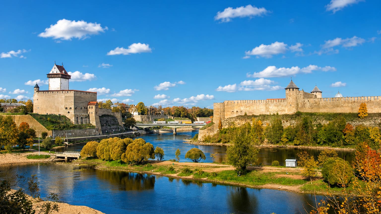 Narva's Hermann Castle facing the Ivangorod fortress across the river under a blue sky, Estonia