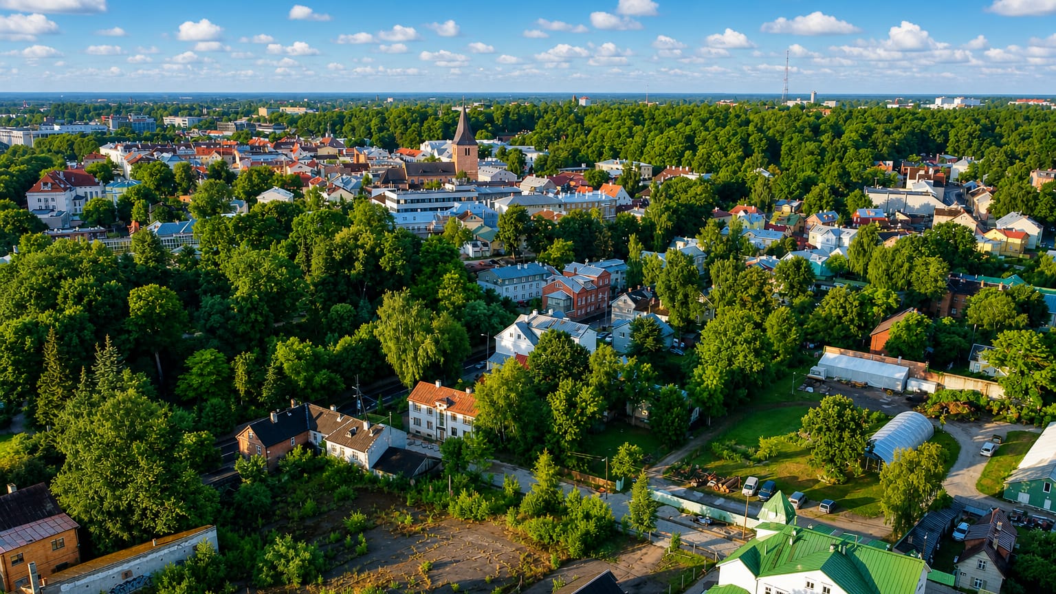 Aerial view of Tartu, Estonia, with St John's Church tower over the red-roofed old town and greenery.