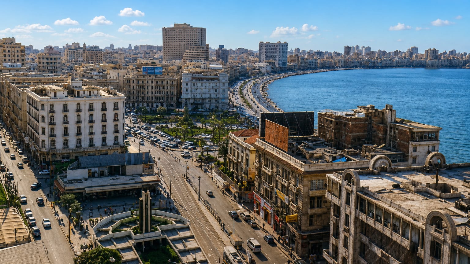 Alexandria's curving Corniche waterfront and Mediterranean bay lined with buildings in Mahatet El Raml, Egypt