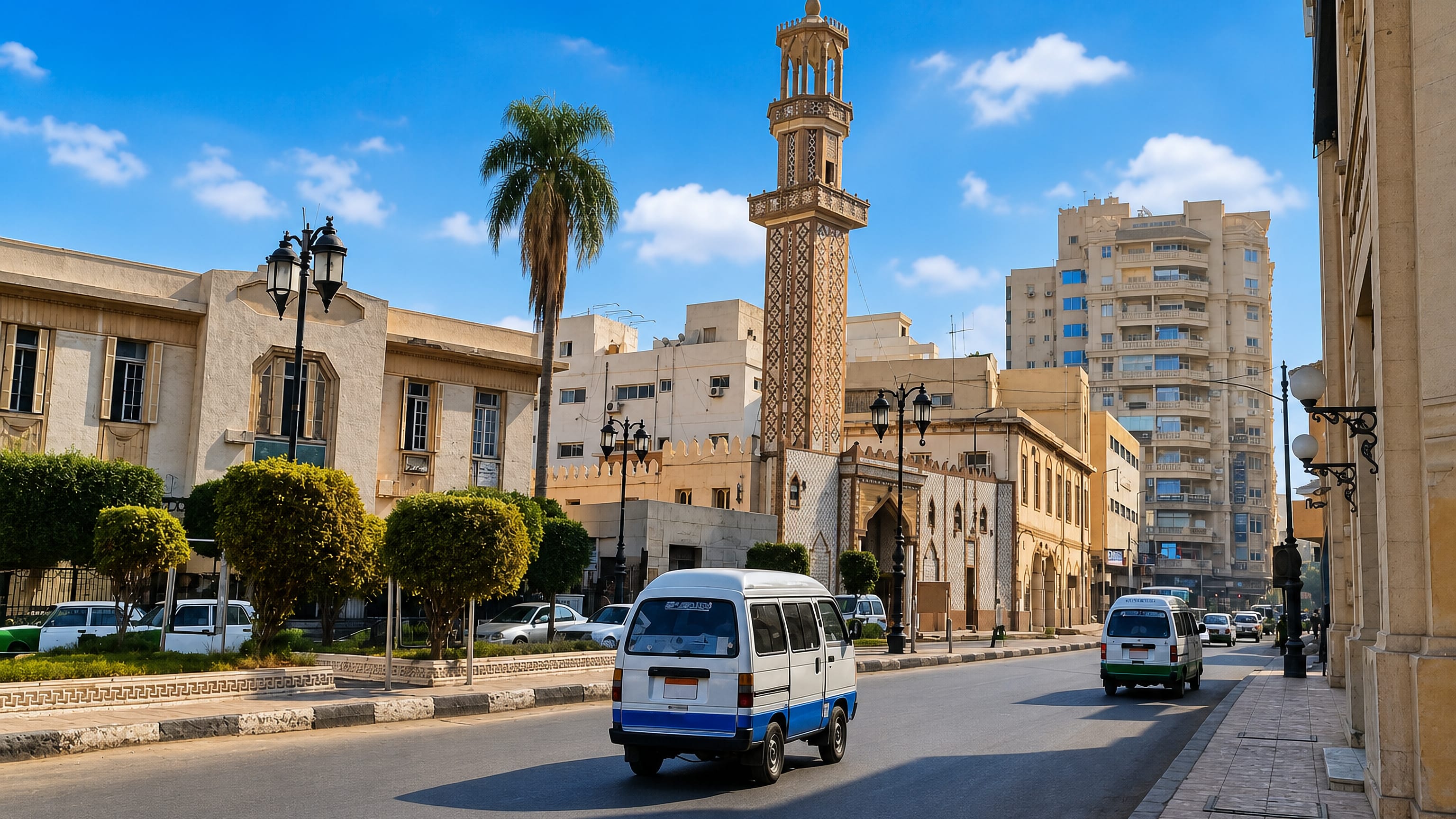 Downtown street in Damanhur, Egypt, with a tall stone minaret, colonial-era facades and apartment blocks