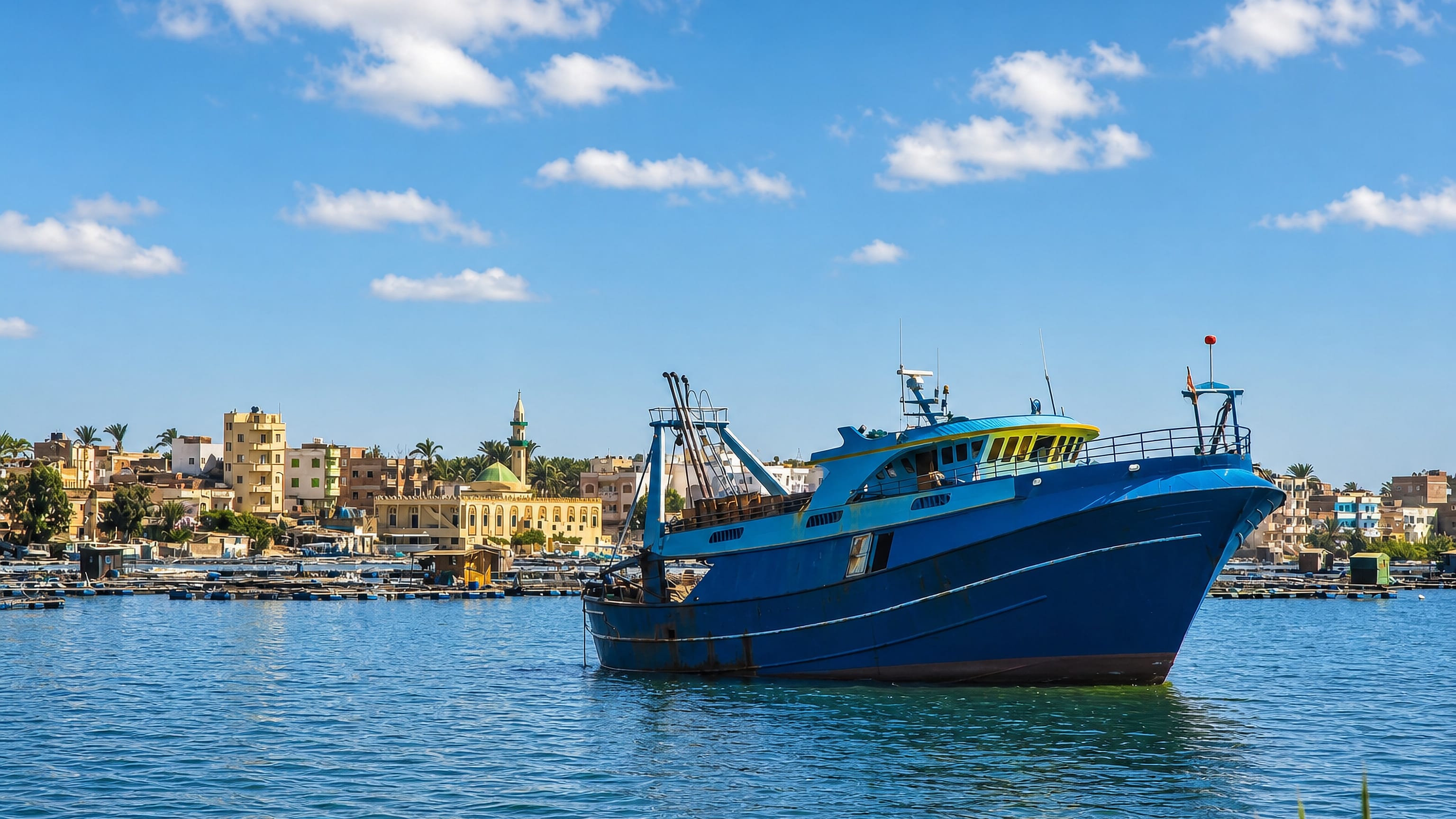 A blue fishing trawler on the Nile at Rosetta, with the town's minaret and domed mosque behind.