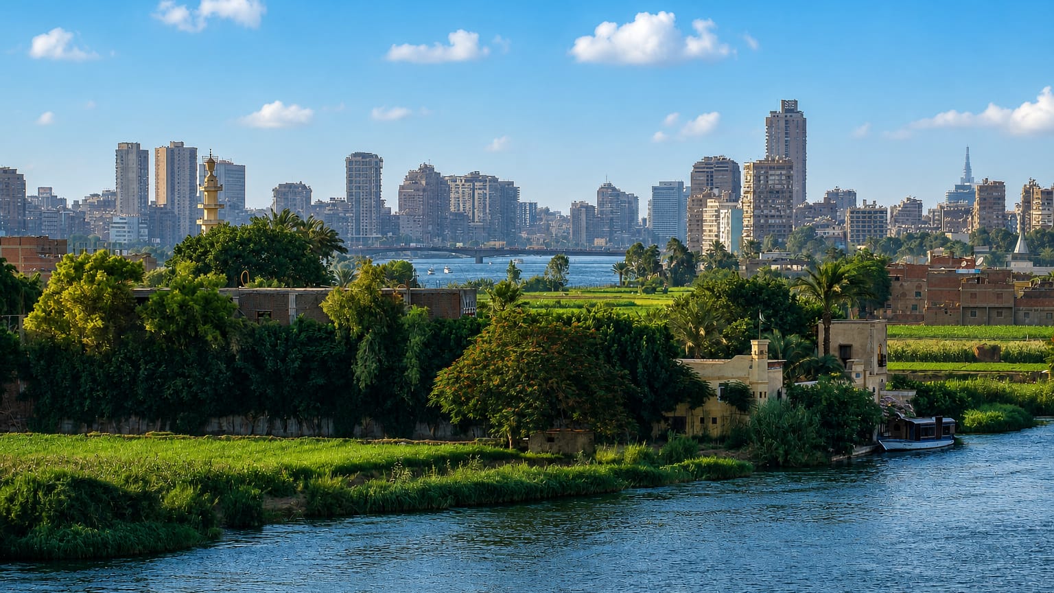 Cairo skyline of mid-rise towers along the Nile River, with a minaret and a bridge crossing the water