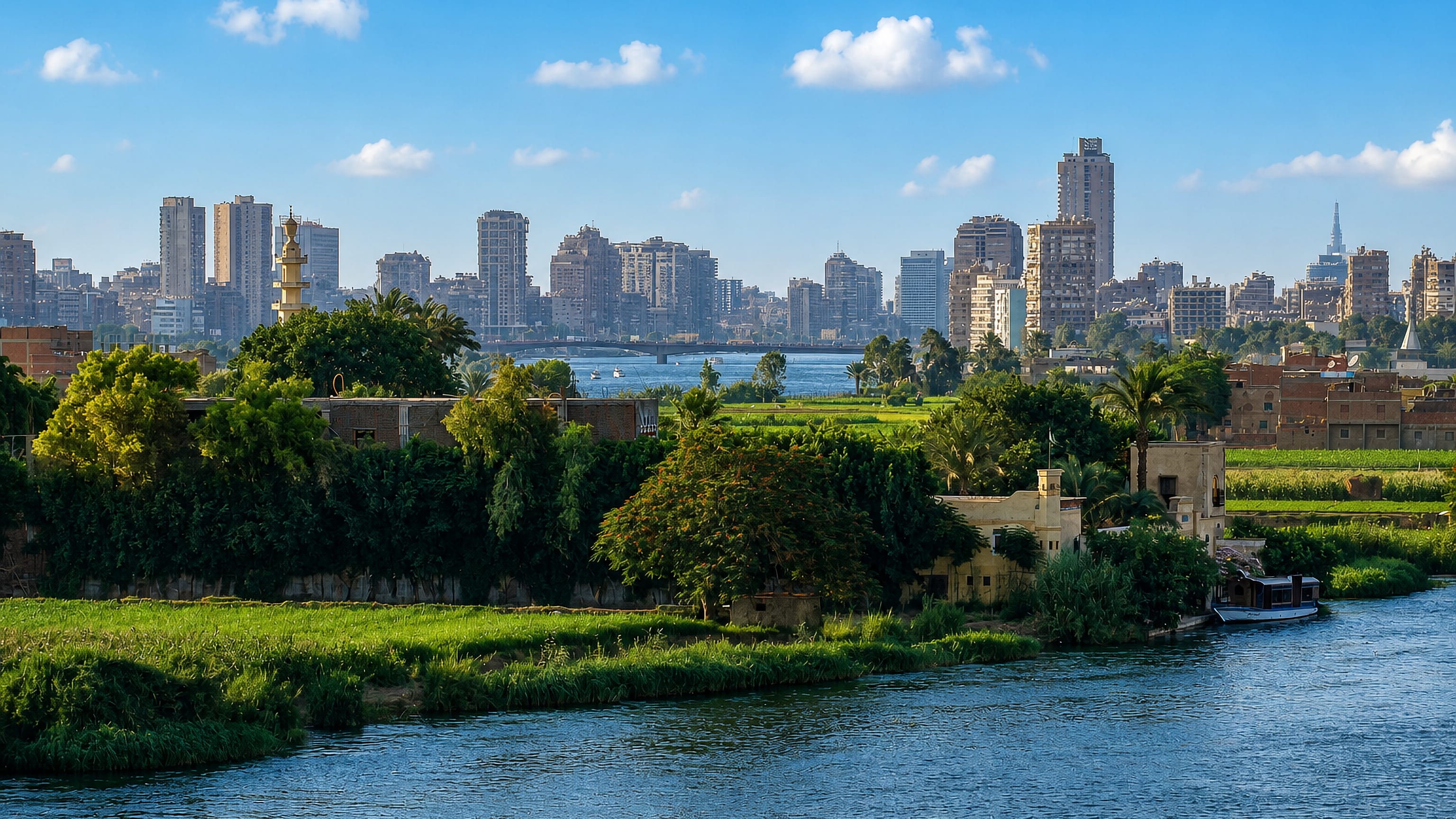 Cairo skyline of mid-rise towers along the Nile River, with a minaret and a bridge crossing the water