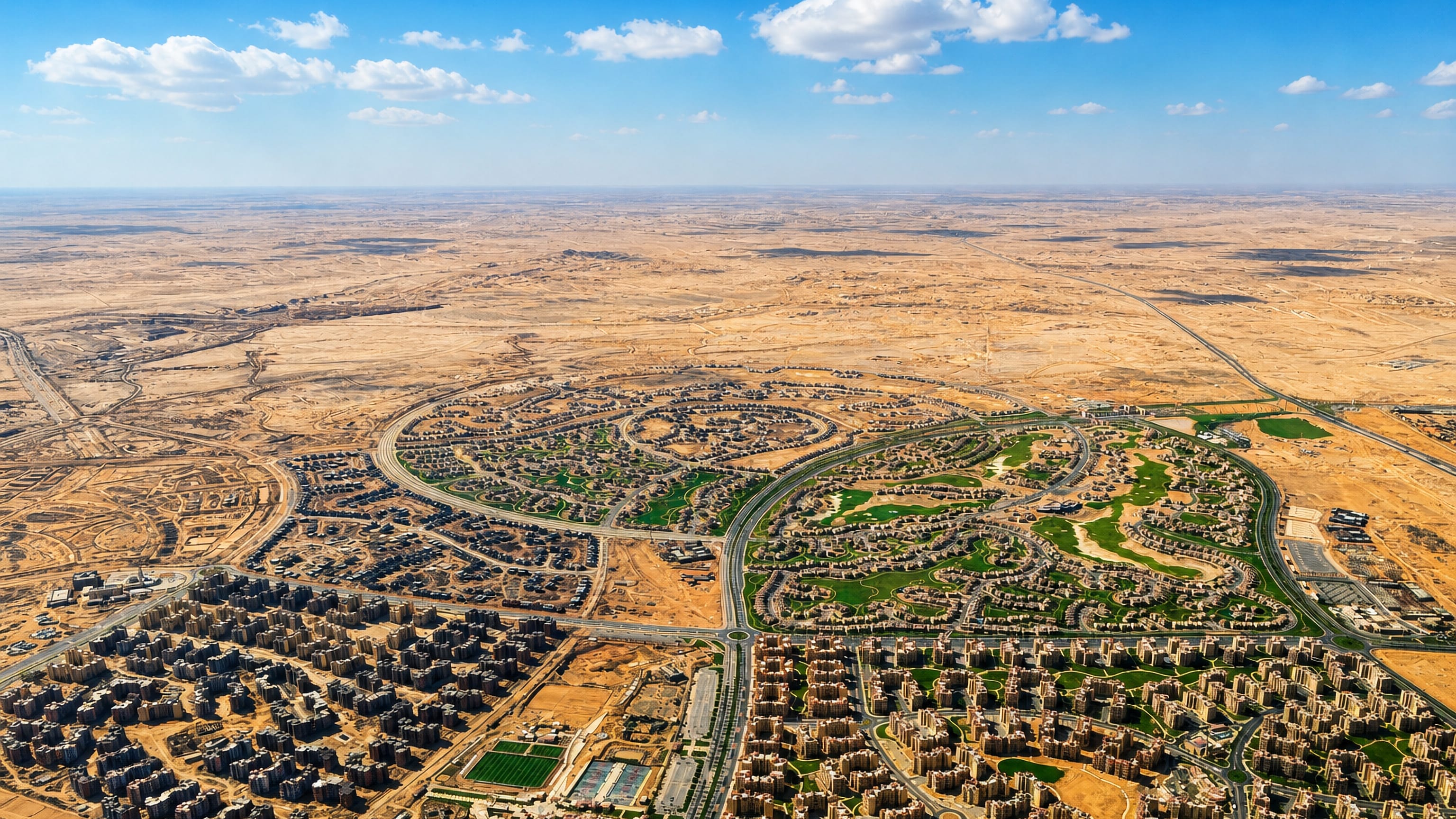 New Cairo, Egypt, from the air: gated compounds, golf greens and apartment grids ringed by open desert.