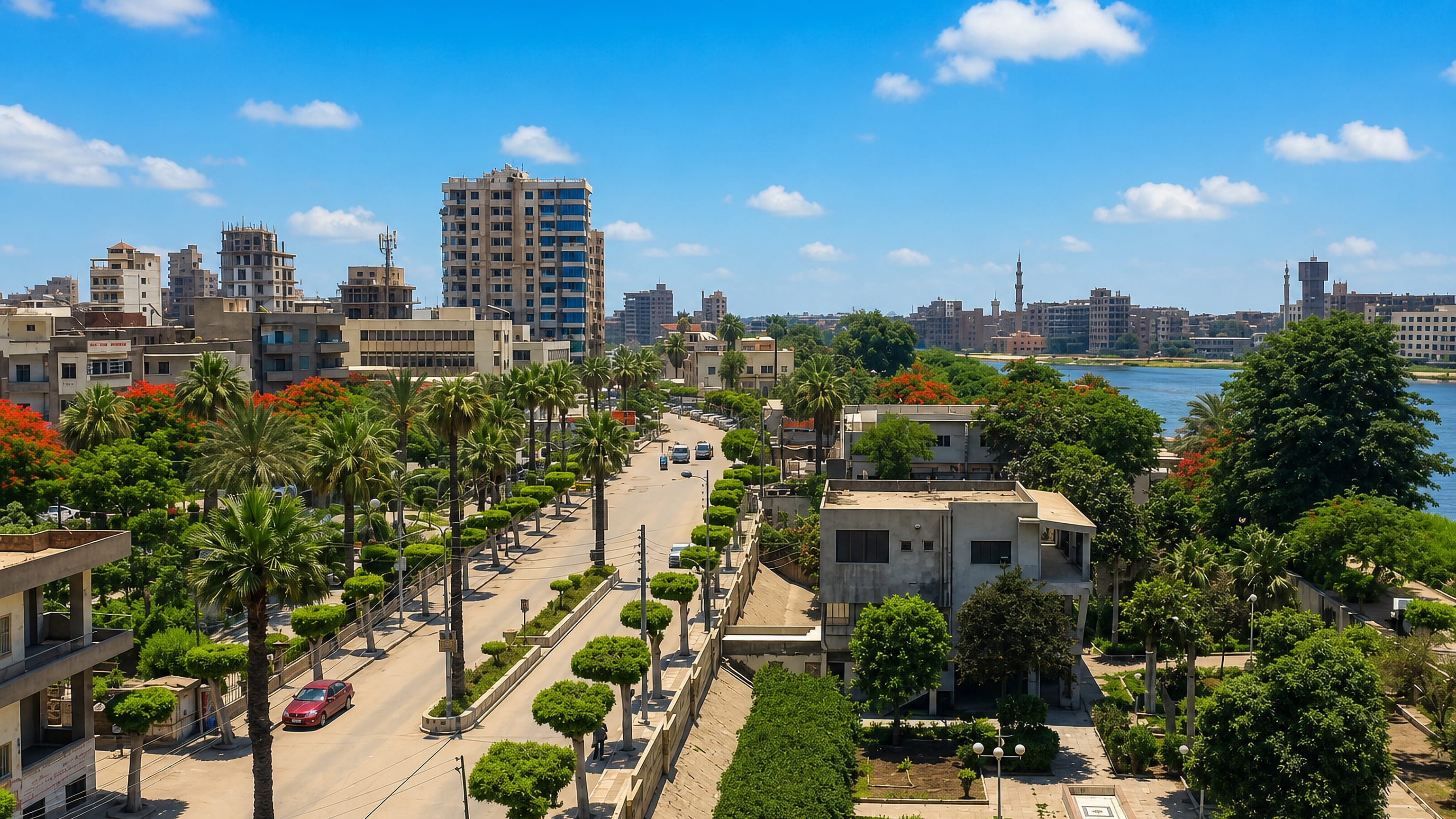 Palm-lined corniche and low-rise blocks along the Nile at Mit Ghamr in Egypt's Daqahliyah governorate.