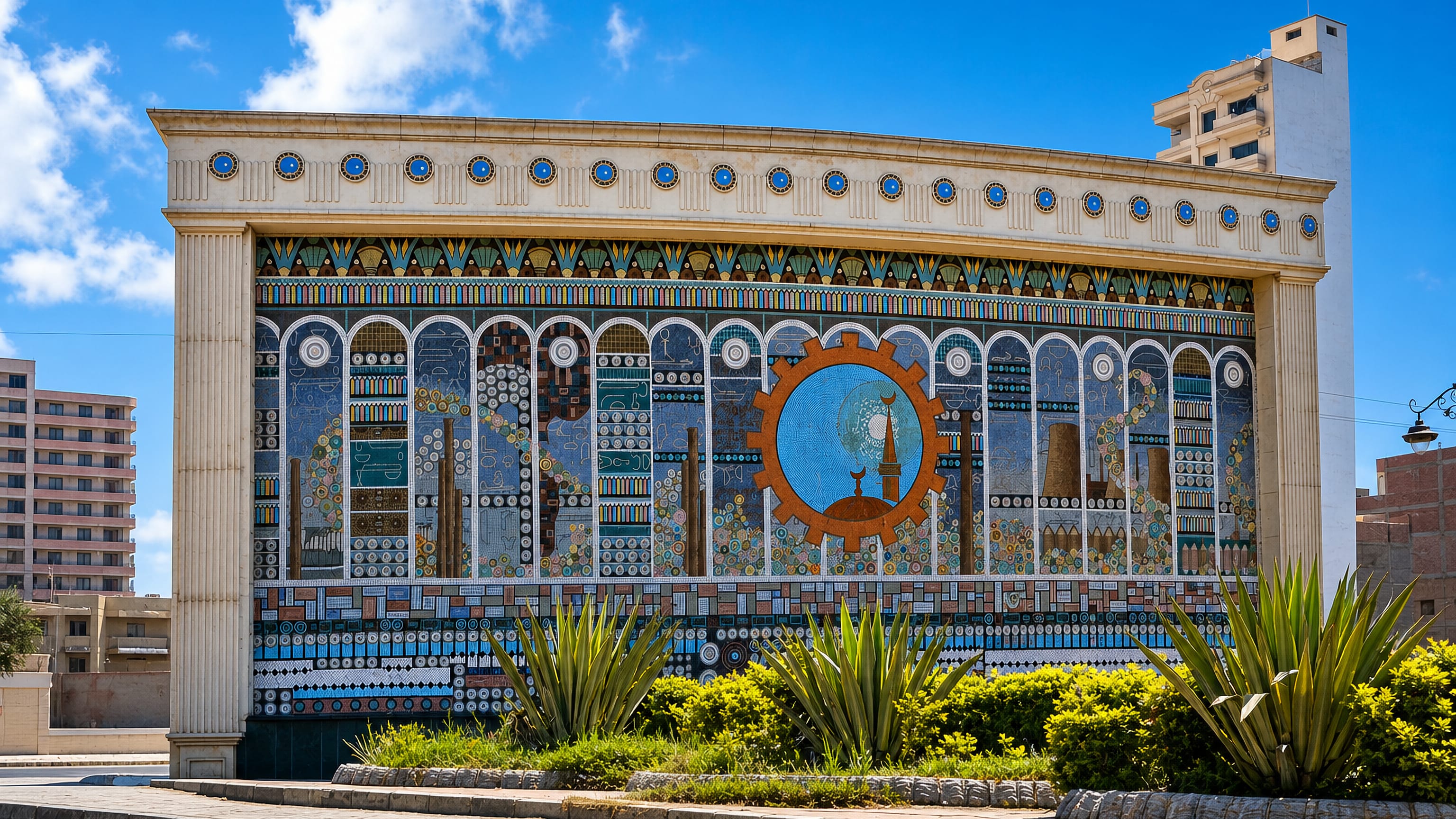 Mosaic-tiled civic monument with a cogwheel emblem marking the textile city of Al Mahallah al Kubra, Egypt.