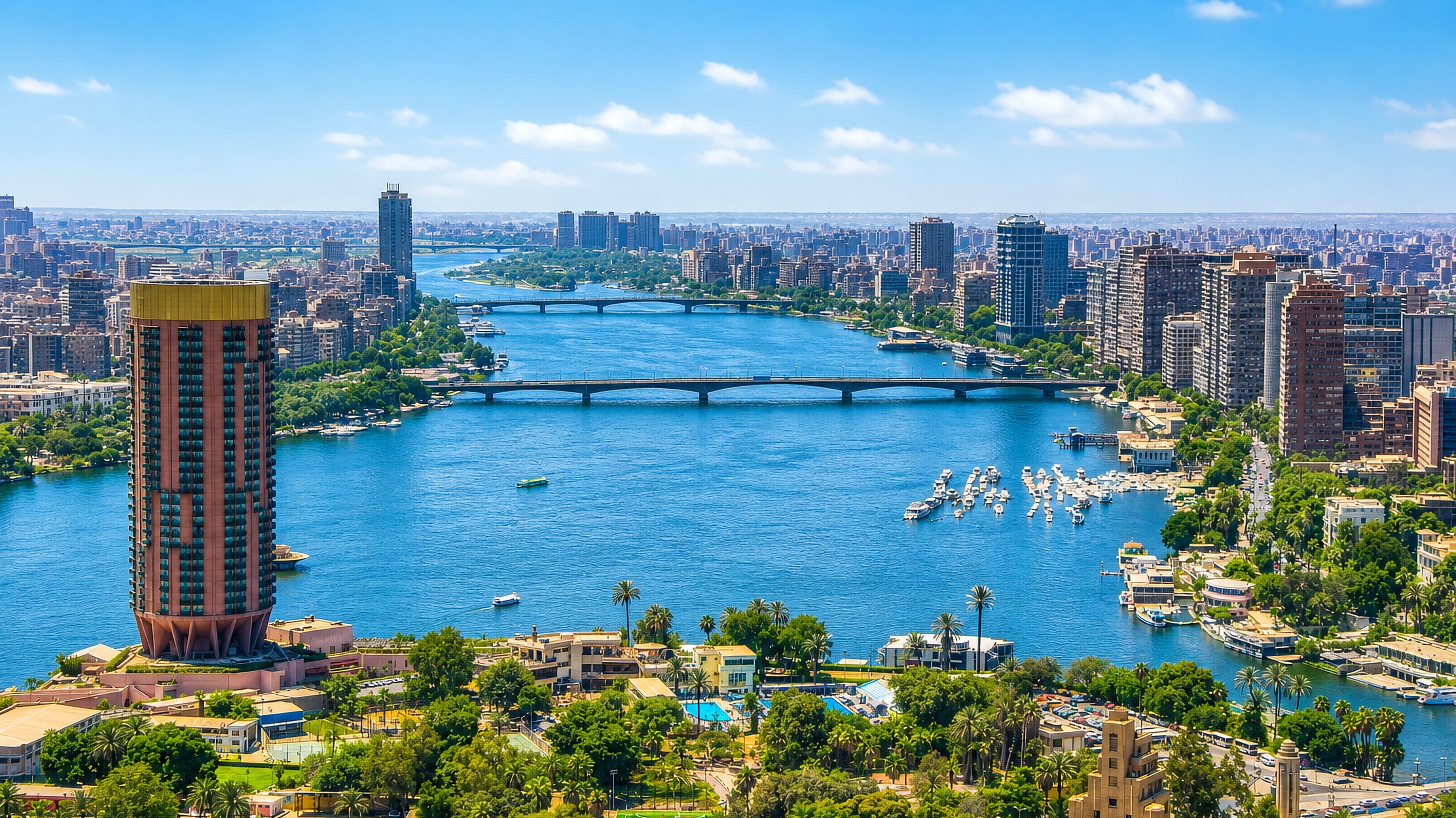 The Nile and its bridges seen from Al Muhandasin in Giza, with Cairo's towers along both banks