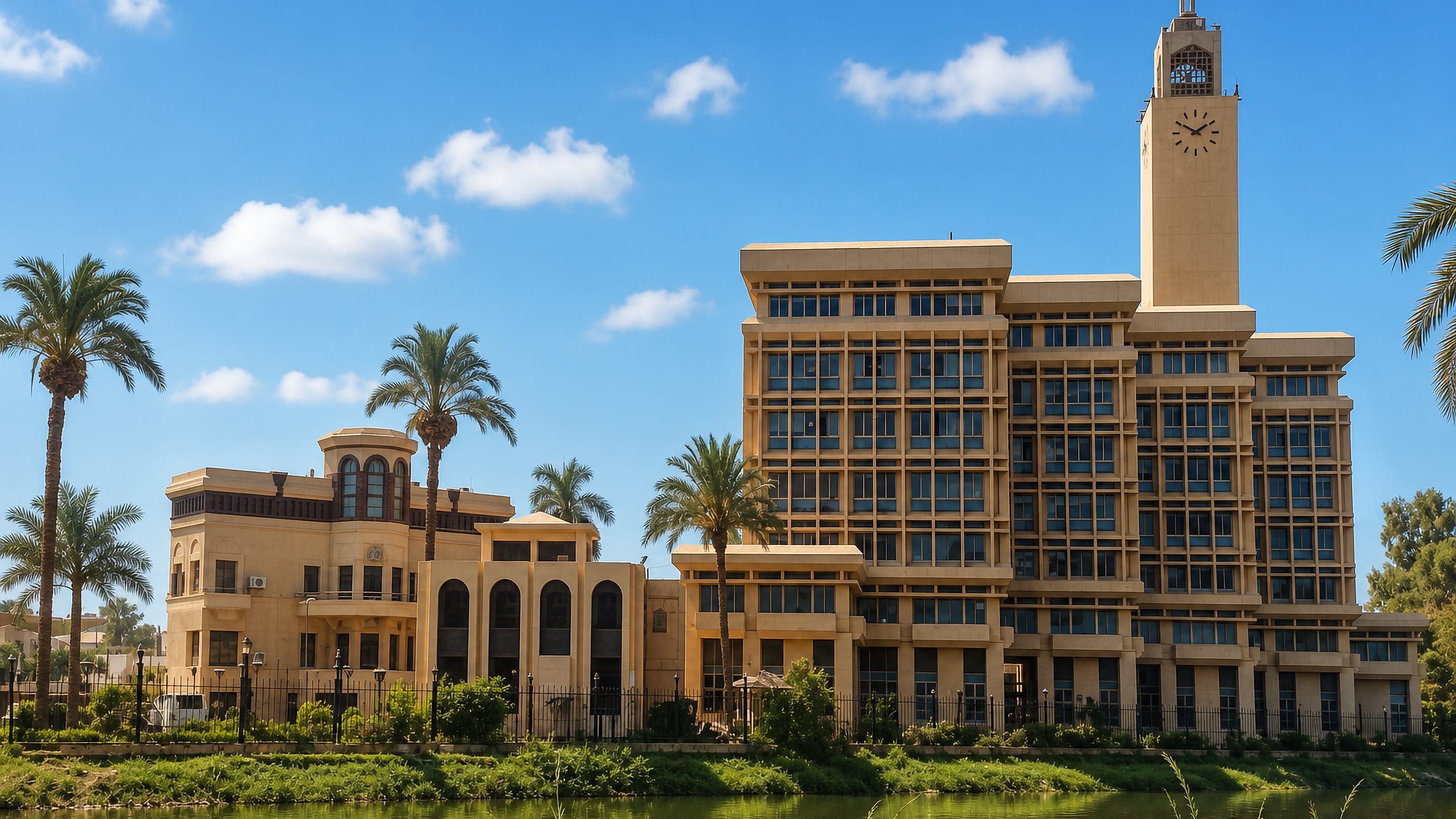 Modern sandstone government building with a clock tower beside a canal in Shibin al-Kawm, Egypt.