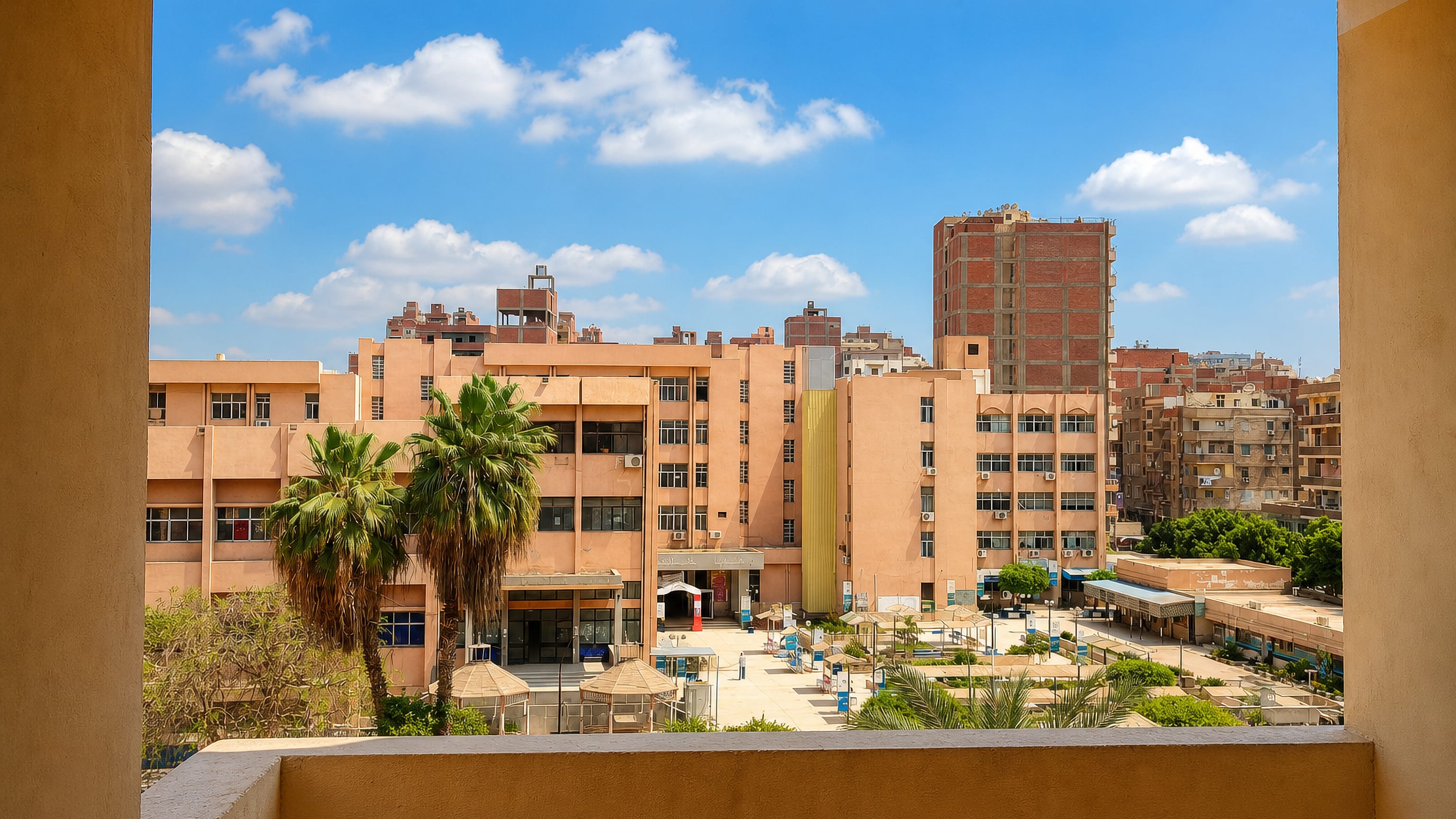 Banha, Egypt, its pale apartment blocks and palm trees framed through a concrete balcony opening