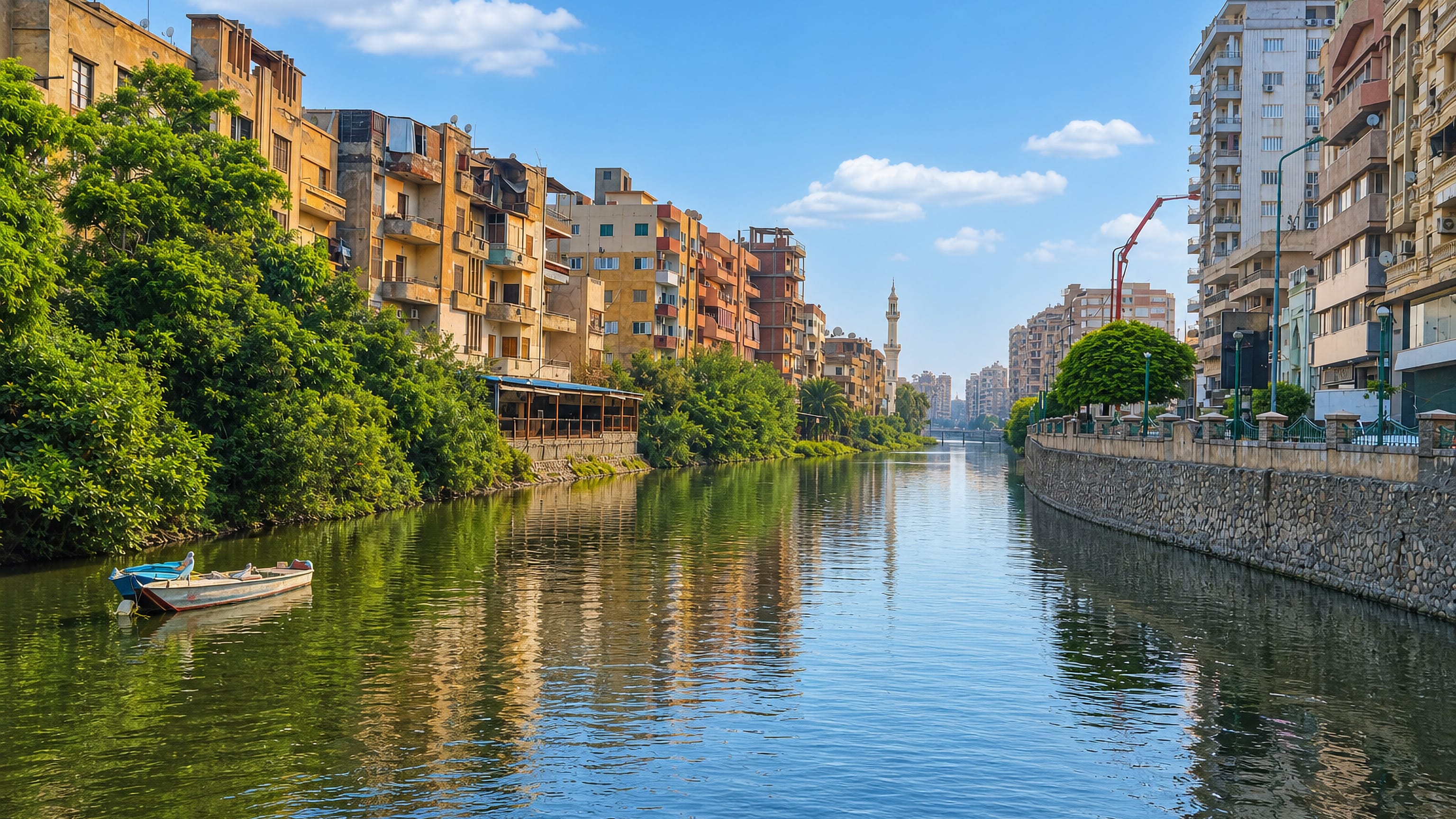 A canal through Zagazig, Egypt, lined with tall apartment blocks and trees, a minaret rising in the distance.