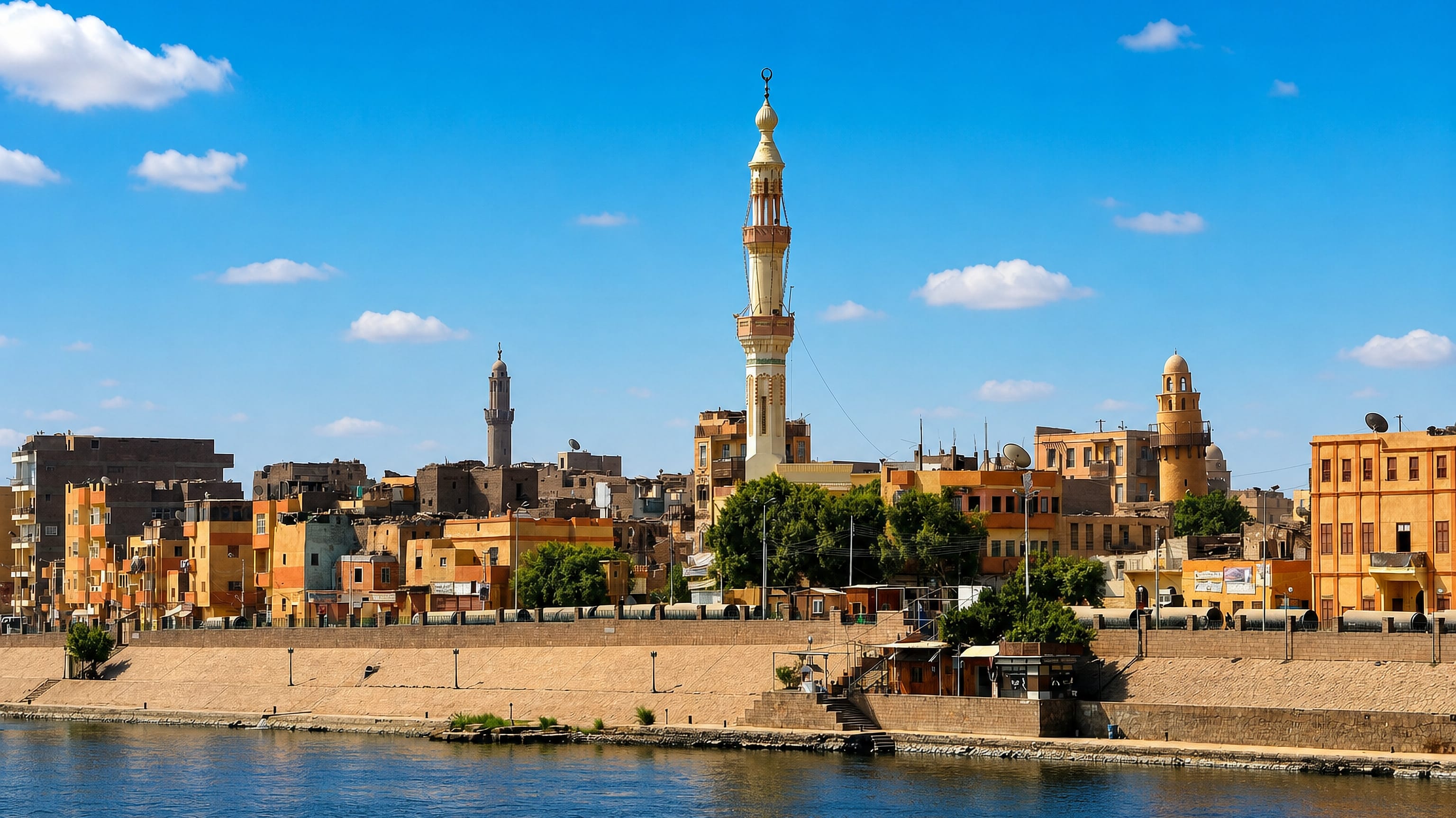 Esna's Nile corniche in Egypt, with ochre houses and a tall mosque minaret above the riverfront wall.