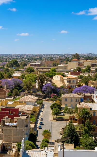 Asmara, Eritrea, low-rise cityscape with blooming jacaranda trees, palms and Italian-era buildings.