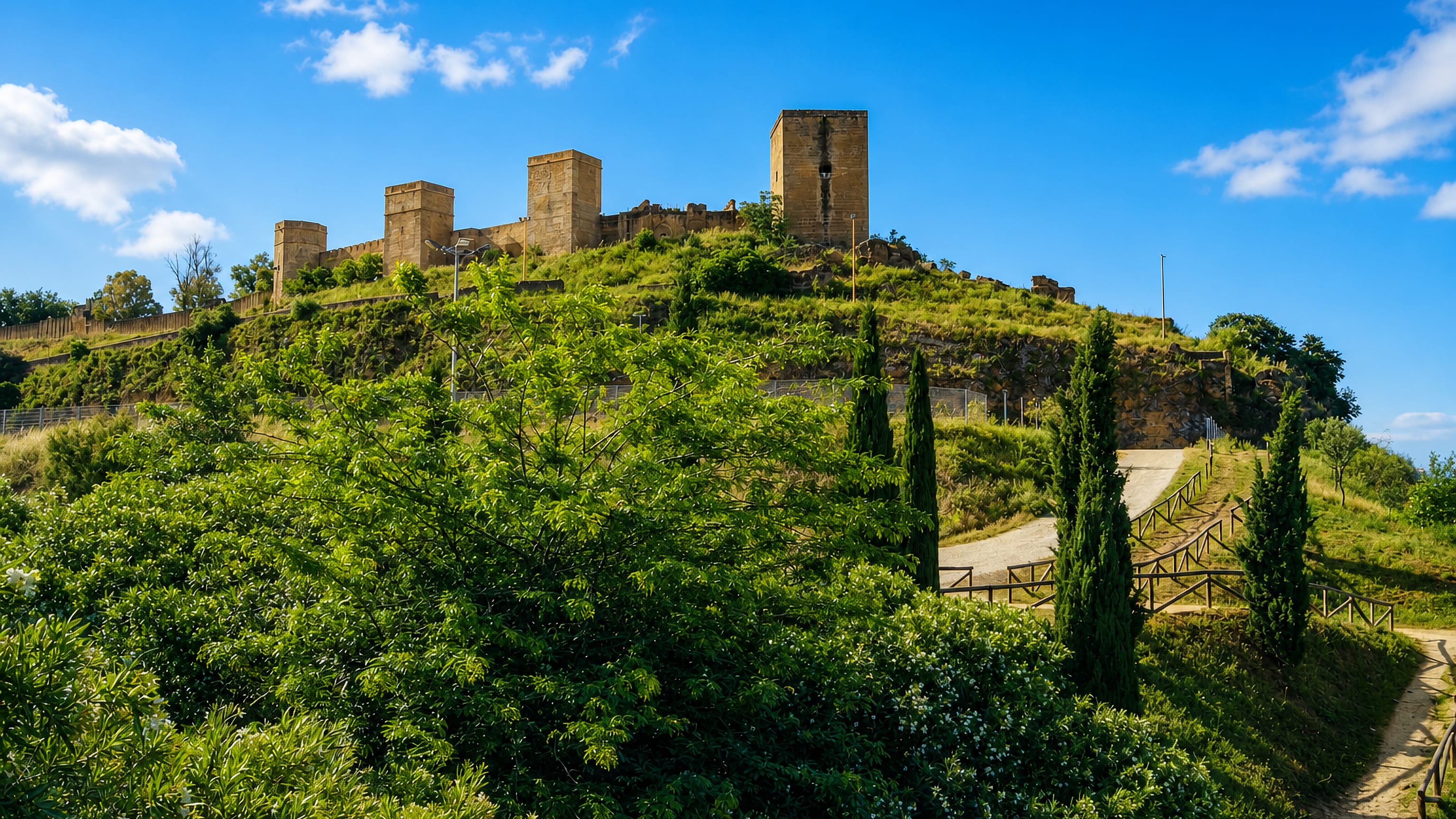 The ruined hilltop castle above Alcala de Guadaira, Andalusia, its square towers rising over green slopes.