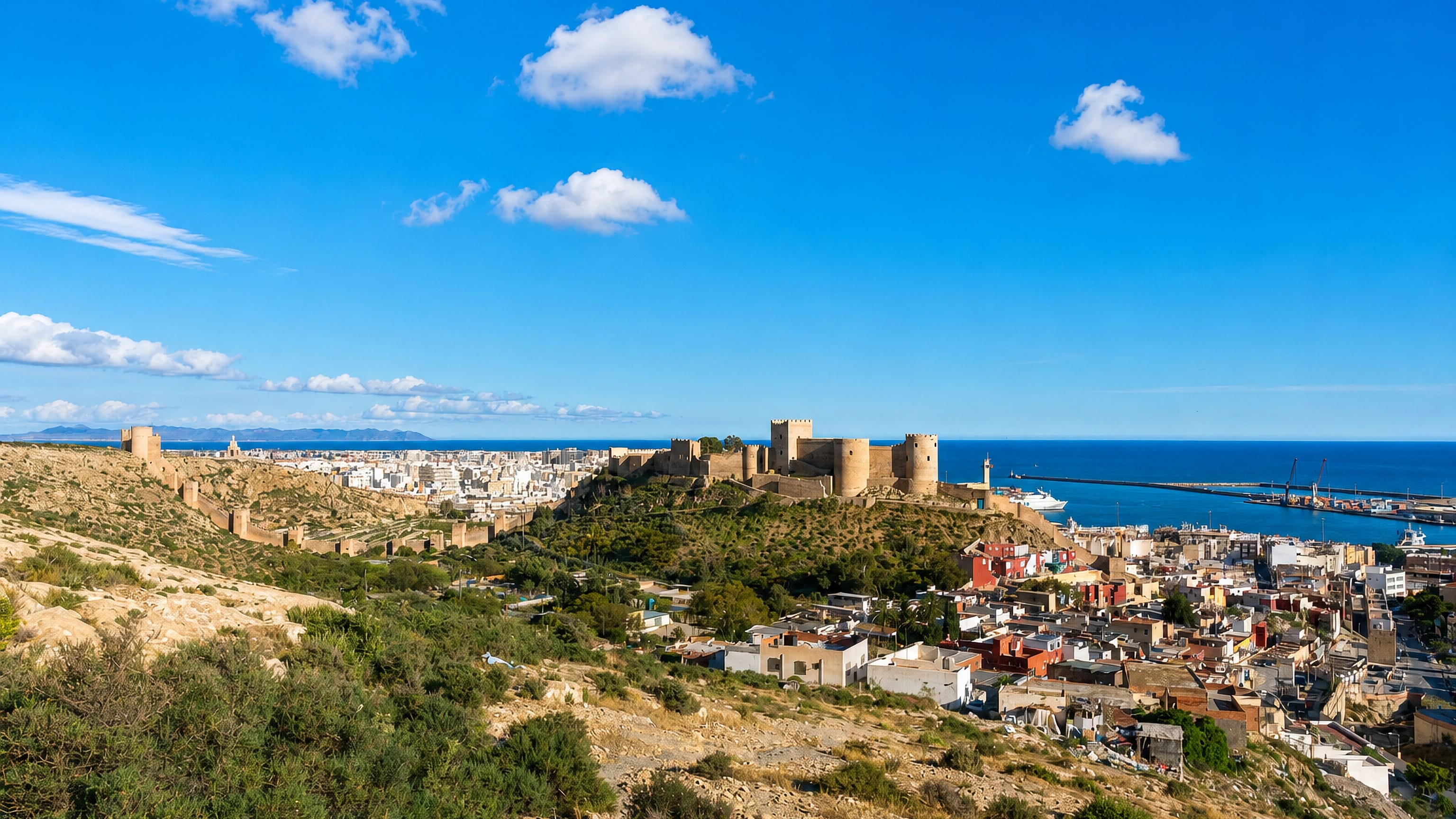 The Alcazaba fortress crowning Almeria, Spain, above the whitewashed old town, port and Mediterranean Sea.