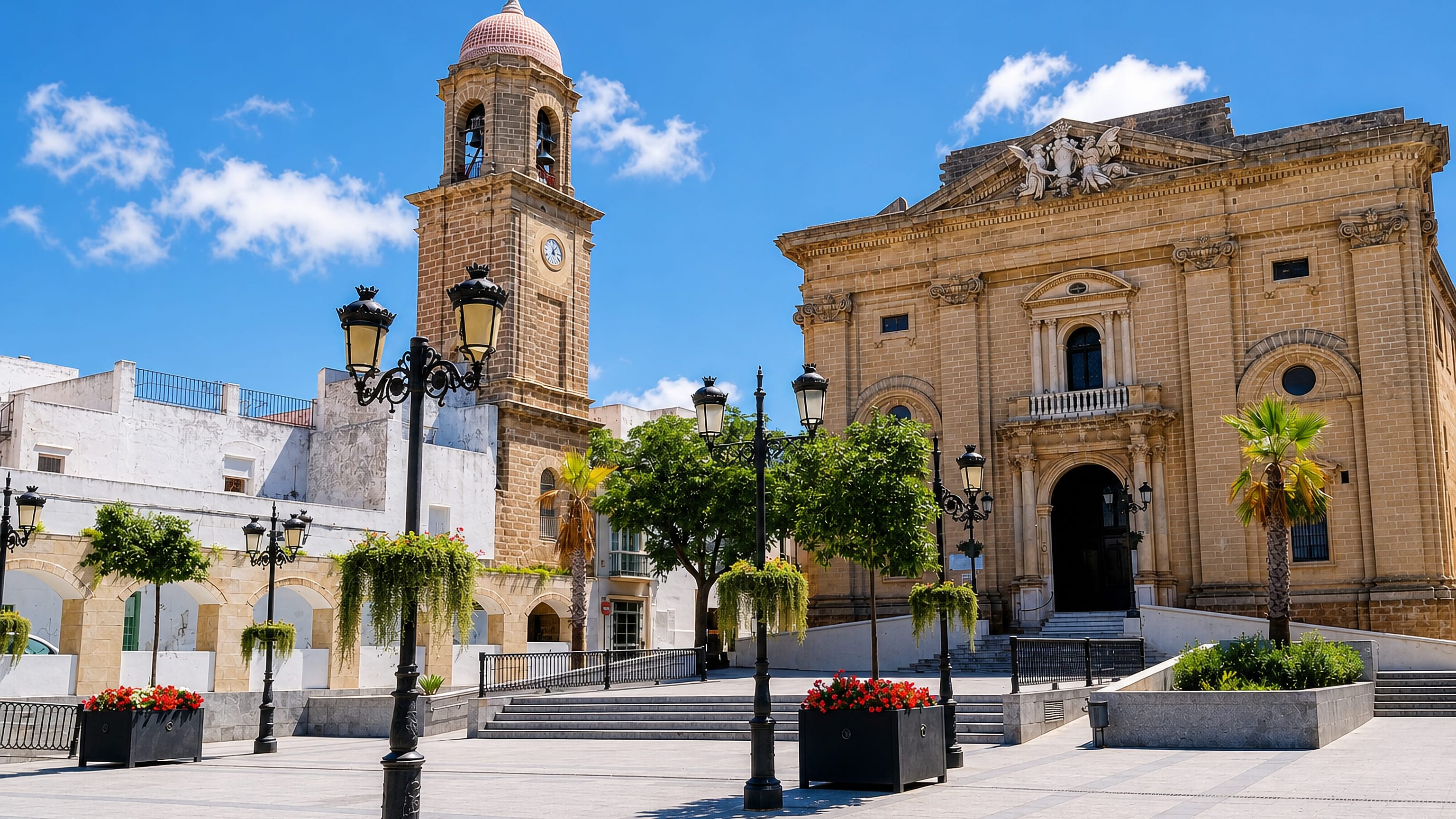 The stone church and clock-topped bell tower of Chiclana de la Frontera above a sunlit palm-lined plaza.