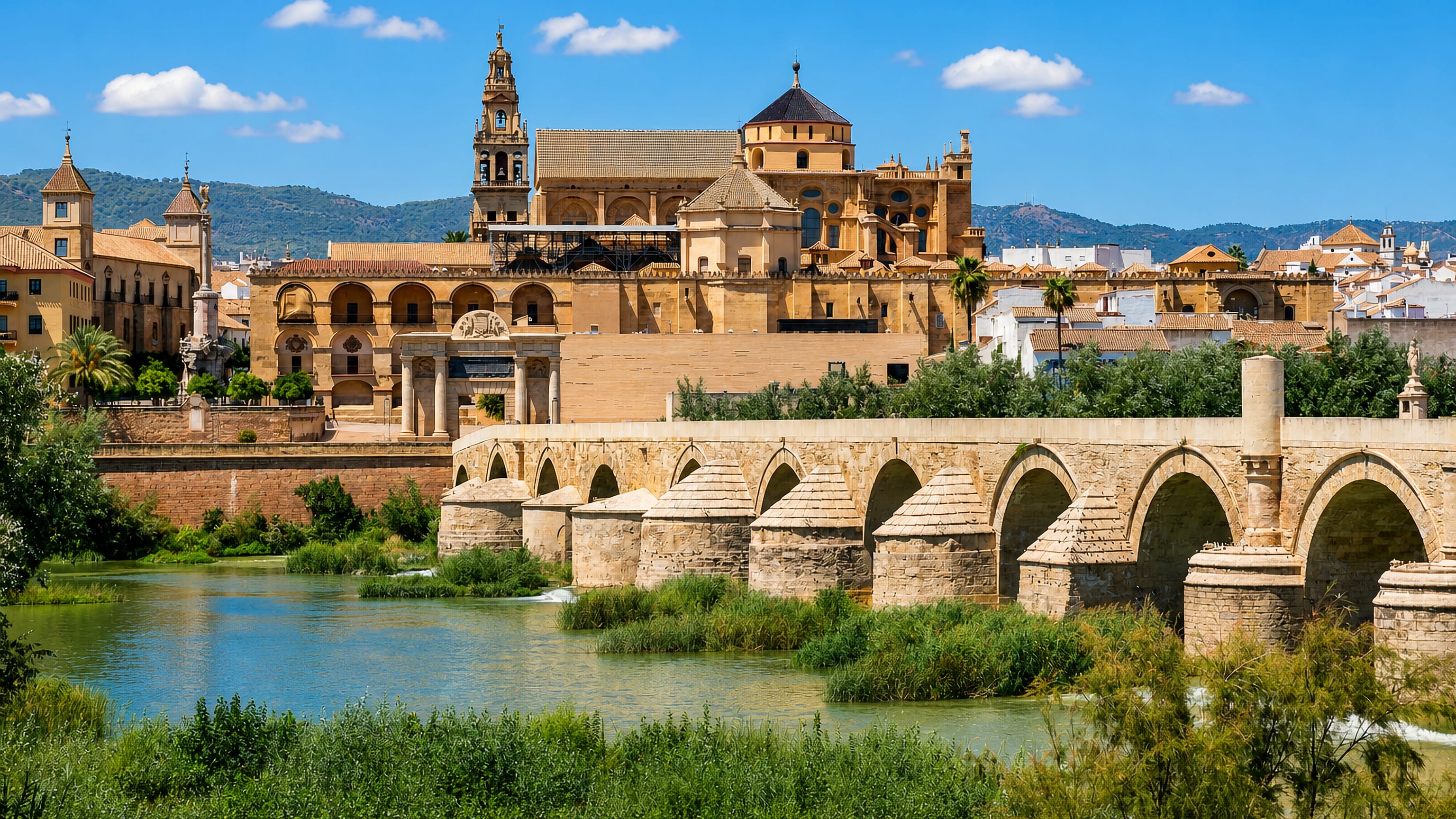 Córdoba's Roman Bridge crossing the Guadalquivir below the Mezquita-Catedral and its bell tower