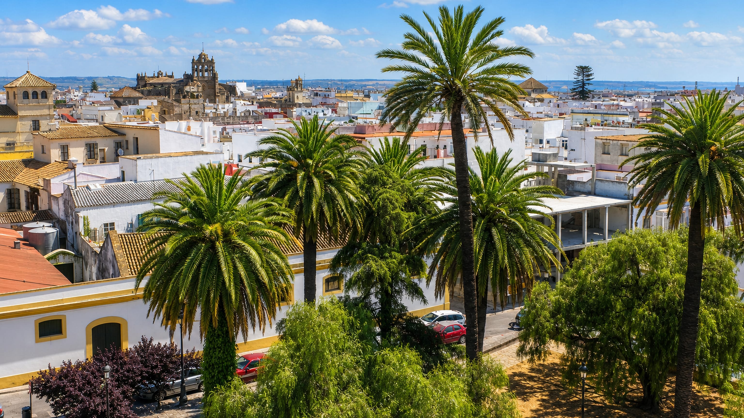 Palms above the whitewashed rooftops of El Puerto de Santa Maria, Spain, with a church tower on the skyline.
