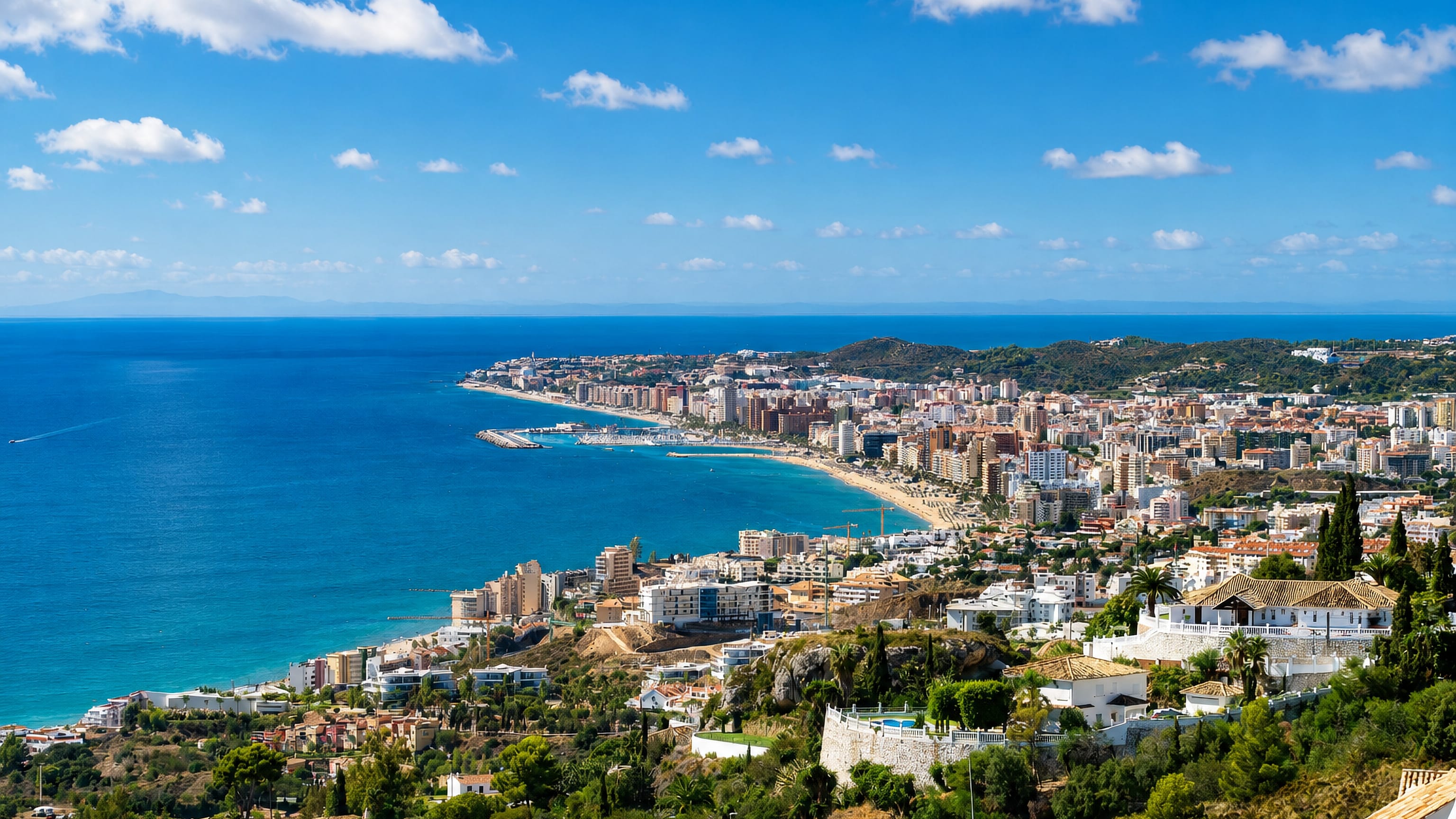 Fuengirola's Costa del Sol bay seen from the hills, with beachfront high-rises, marina and curving sandy beach.