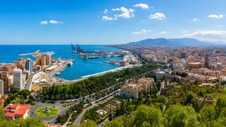 Málaga's port, Paseo del Parque and cathedral tower seen from Gibralfaro above the Mediterranean