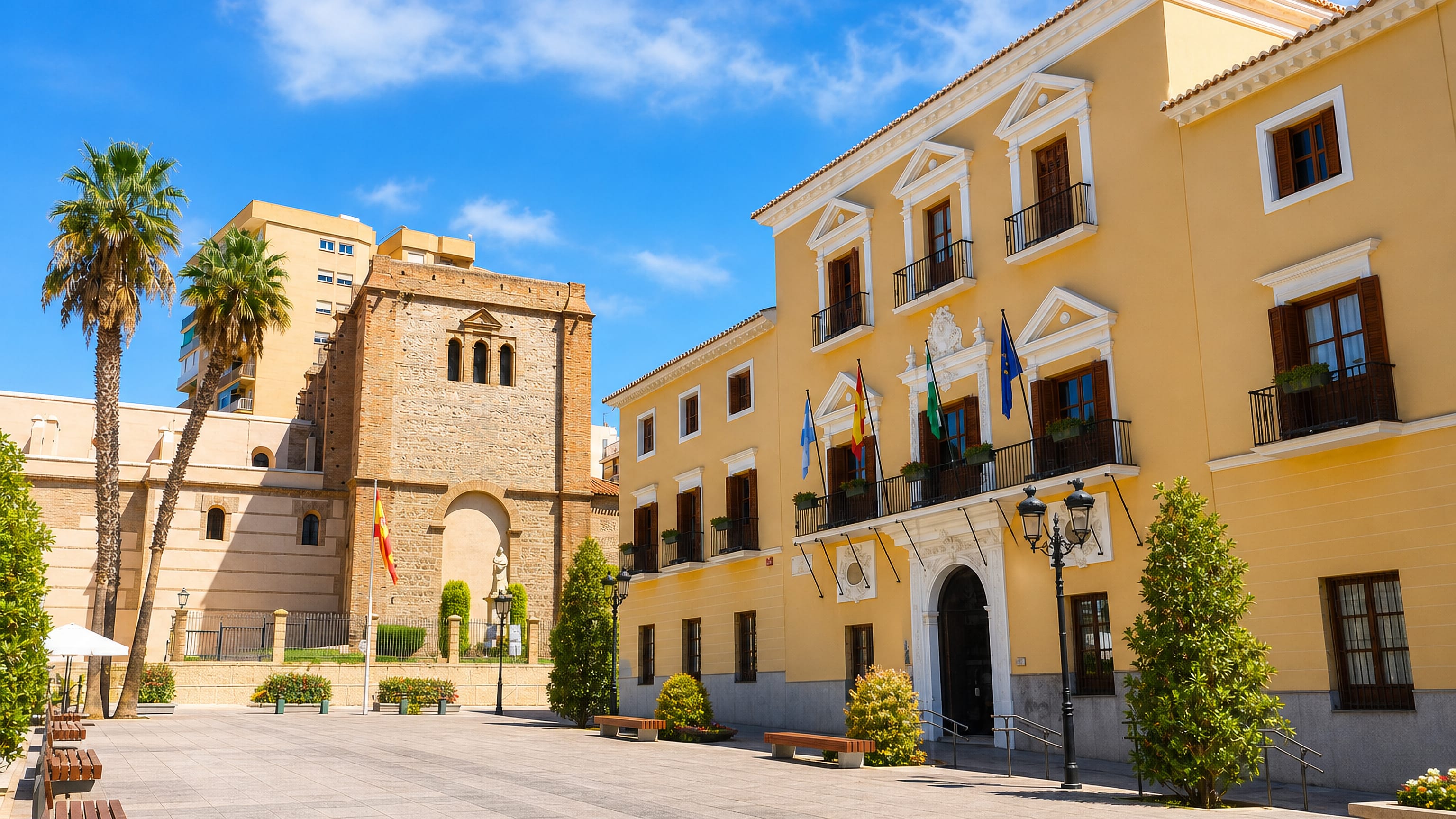 Motril's yellow town hall and the old church tower framing a sunlit palm-lined plaza in Andalusia, Spain
