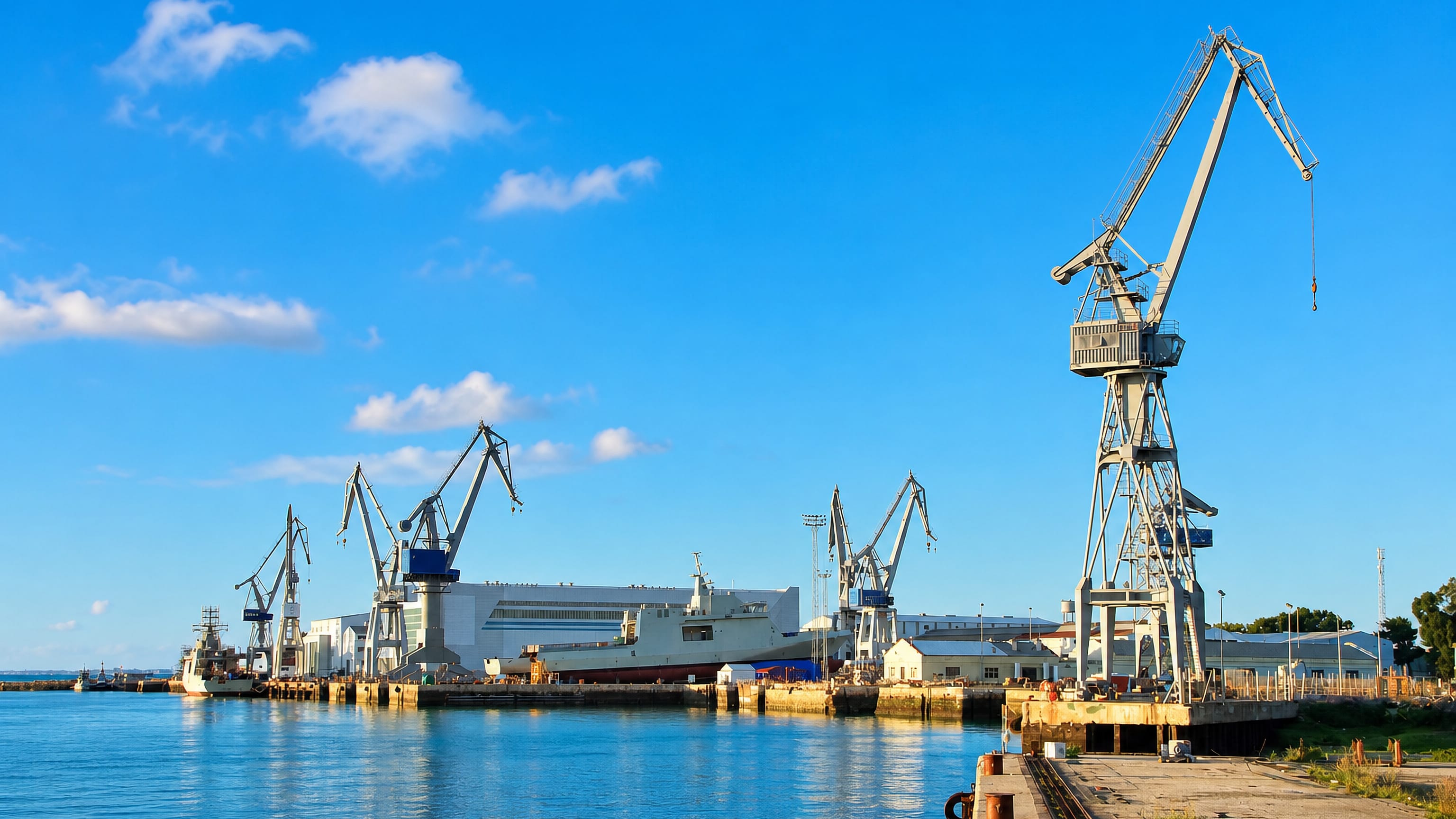 Shipyard cranes and a naval vessel at the dockside in San Fernando, Cadiz, under a clear sky