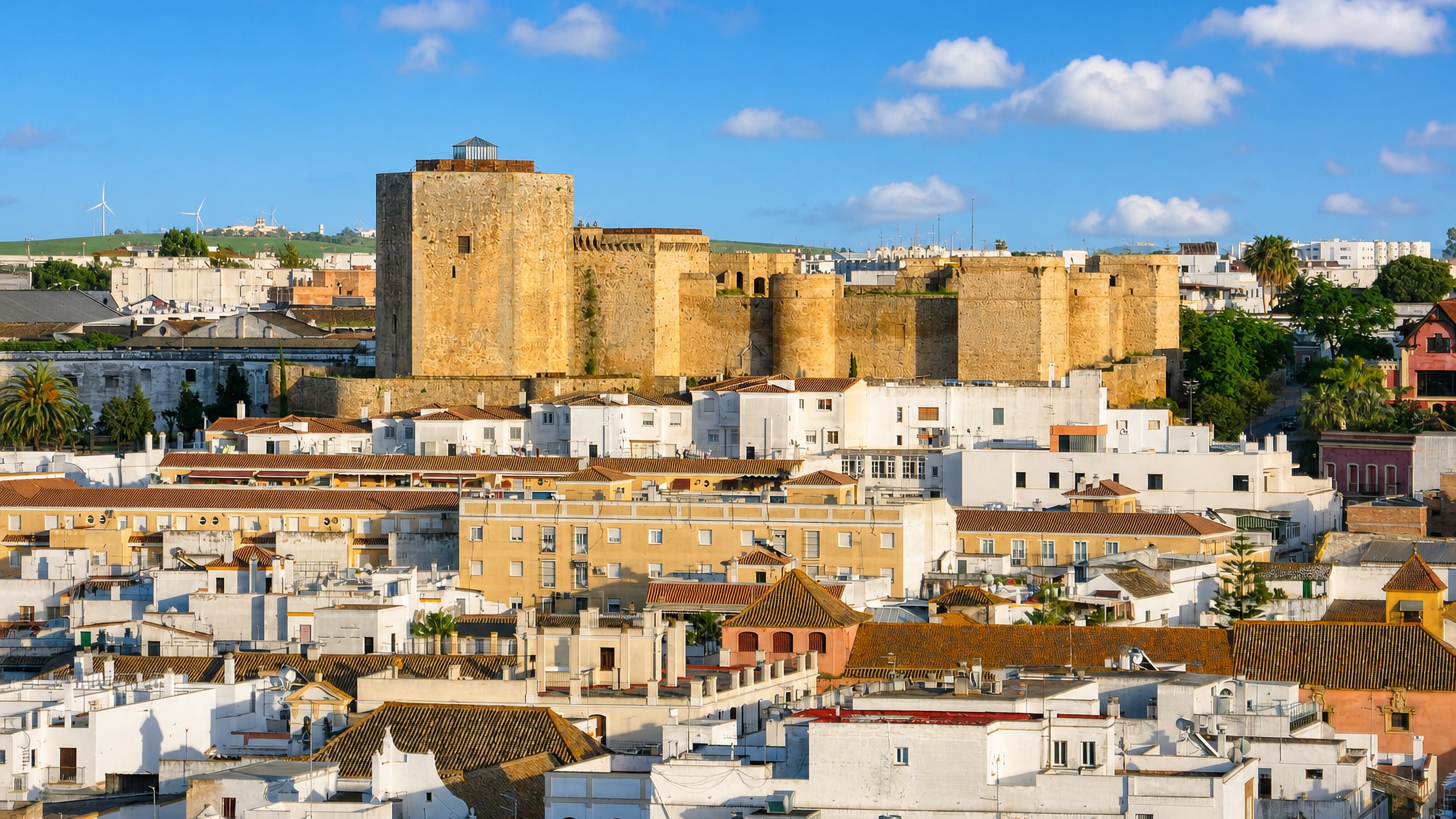 The Castillo de Santiago rising above the whitewashed rooftops of Sanlúcar de Barrameda, Andalusia