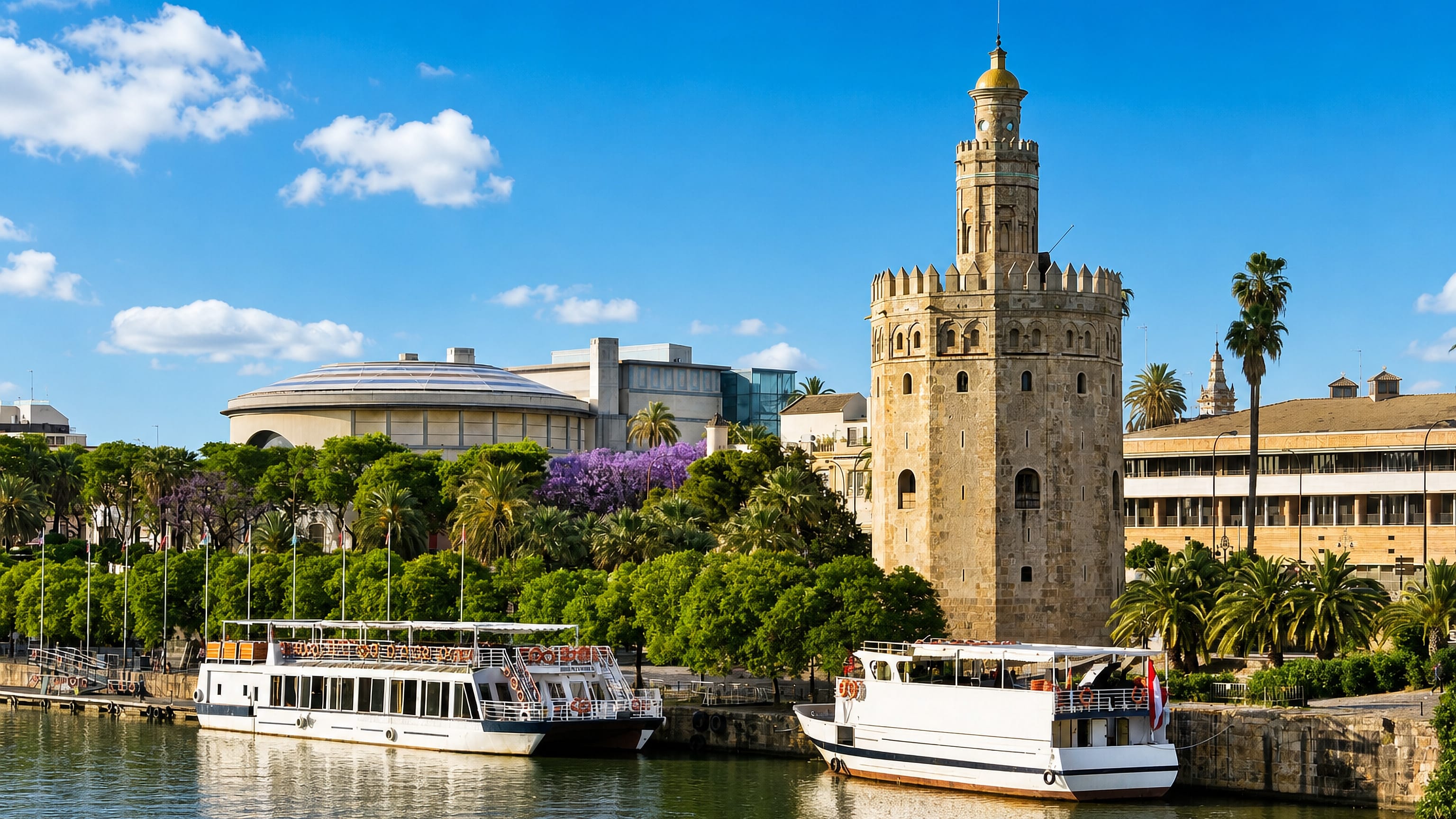 The Torre del Oro and moored cruise boats on the Guadalquivir riverfront in Sevilla under a clear sky.