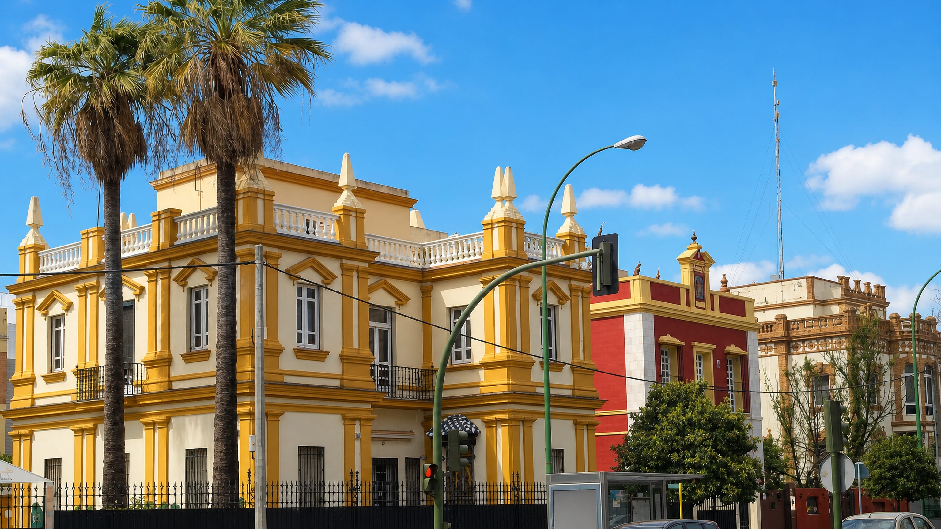 Yellow palm-shaded mansion on a sunny avenue in the Nervión district of Seville.