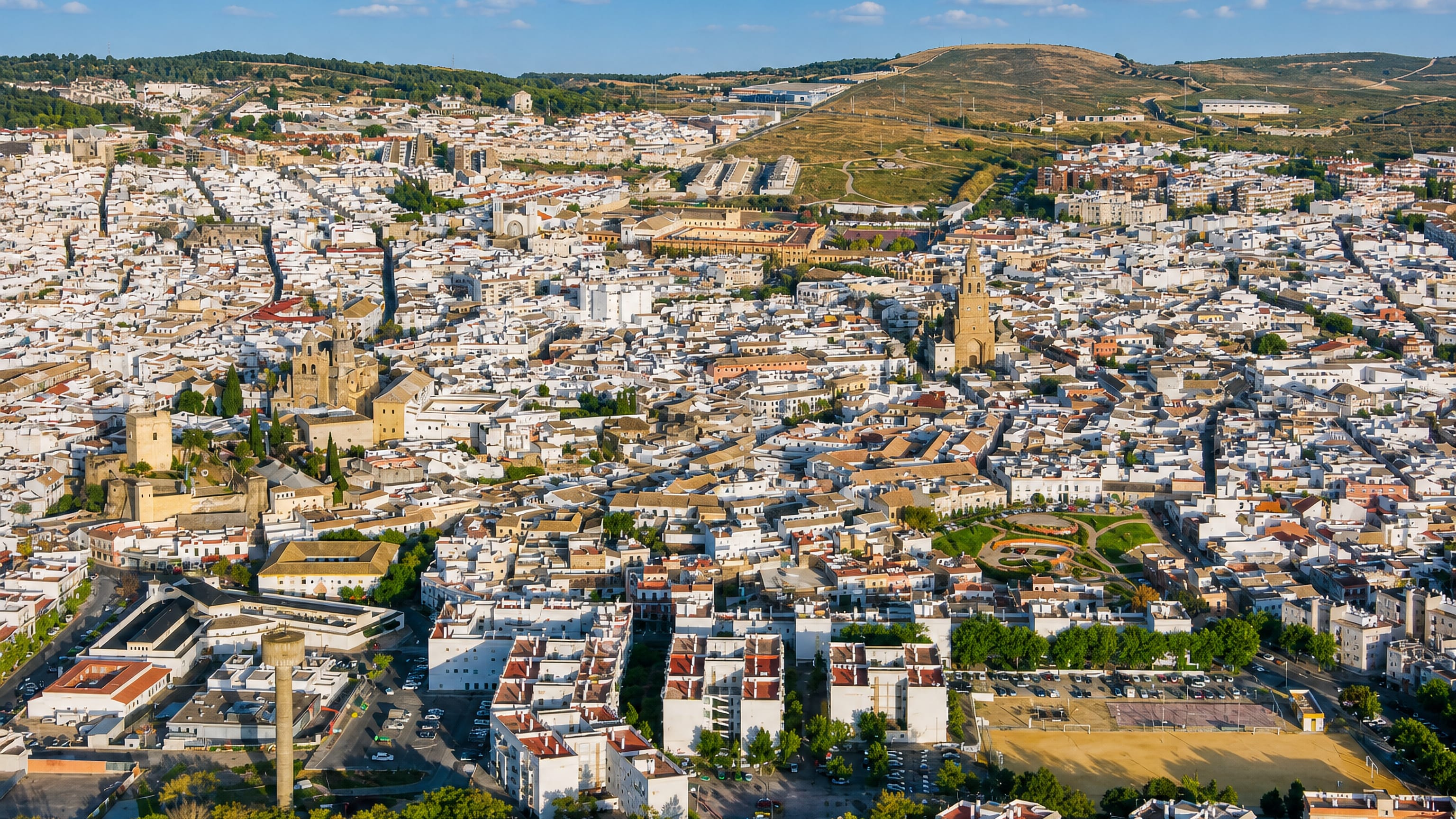 Aerial view of Utrera, Andalusia, its whitewashed houses spreading around church bell towers and a castle.