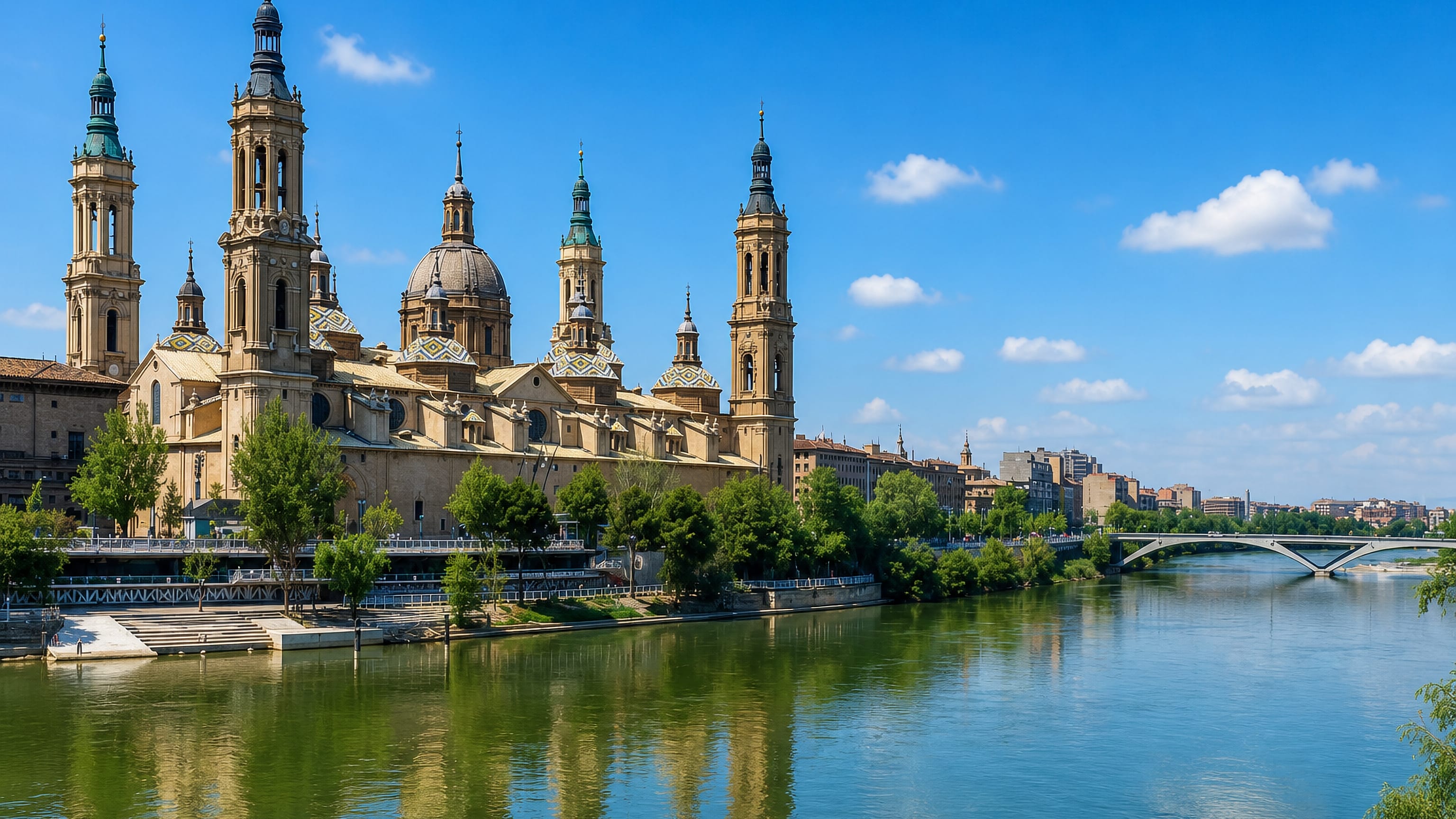 The tiled domes and towers of the Basilica del Pilar rising above the Ebro river in Zaragoza.