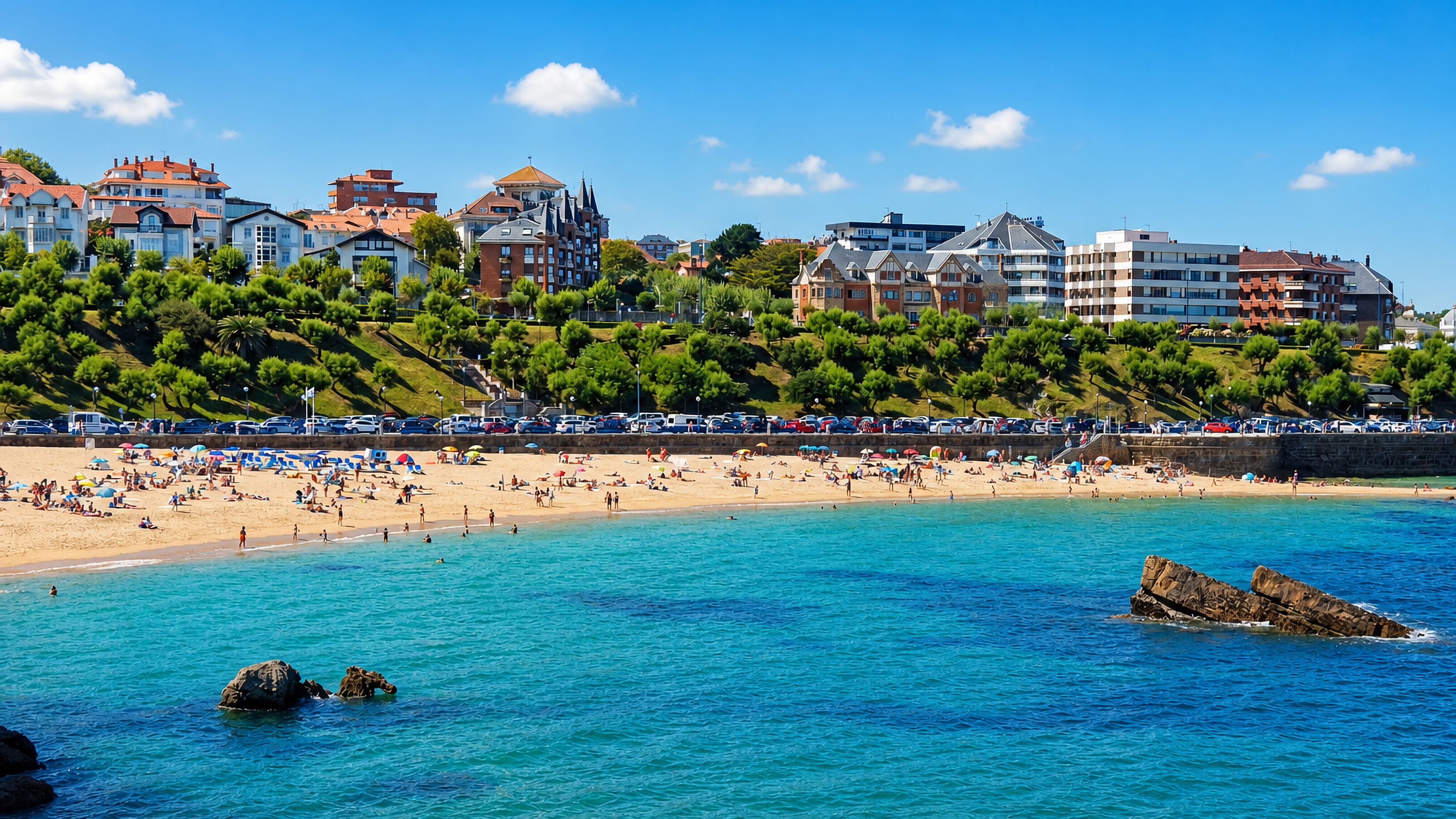 Sardinero beach in Santander, Spain, with turquoise water, sunbathers and belle-epoque villas on the bluff above.