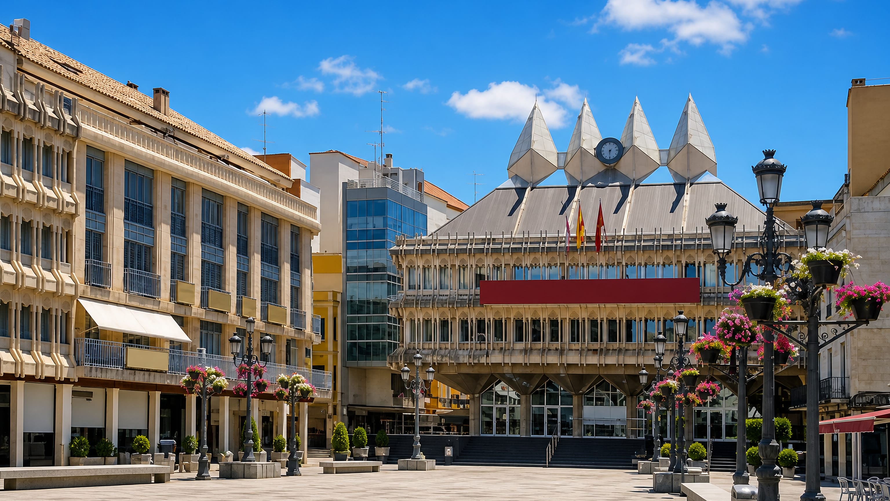 Ciudad Real's Plaza Mayor with the spiked white gables and clock of its modernist city hall