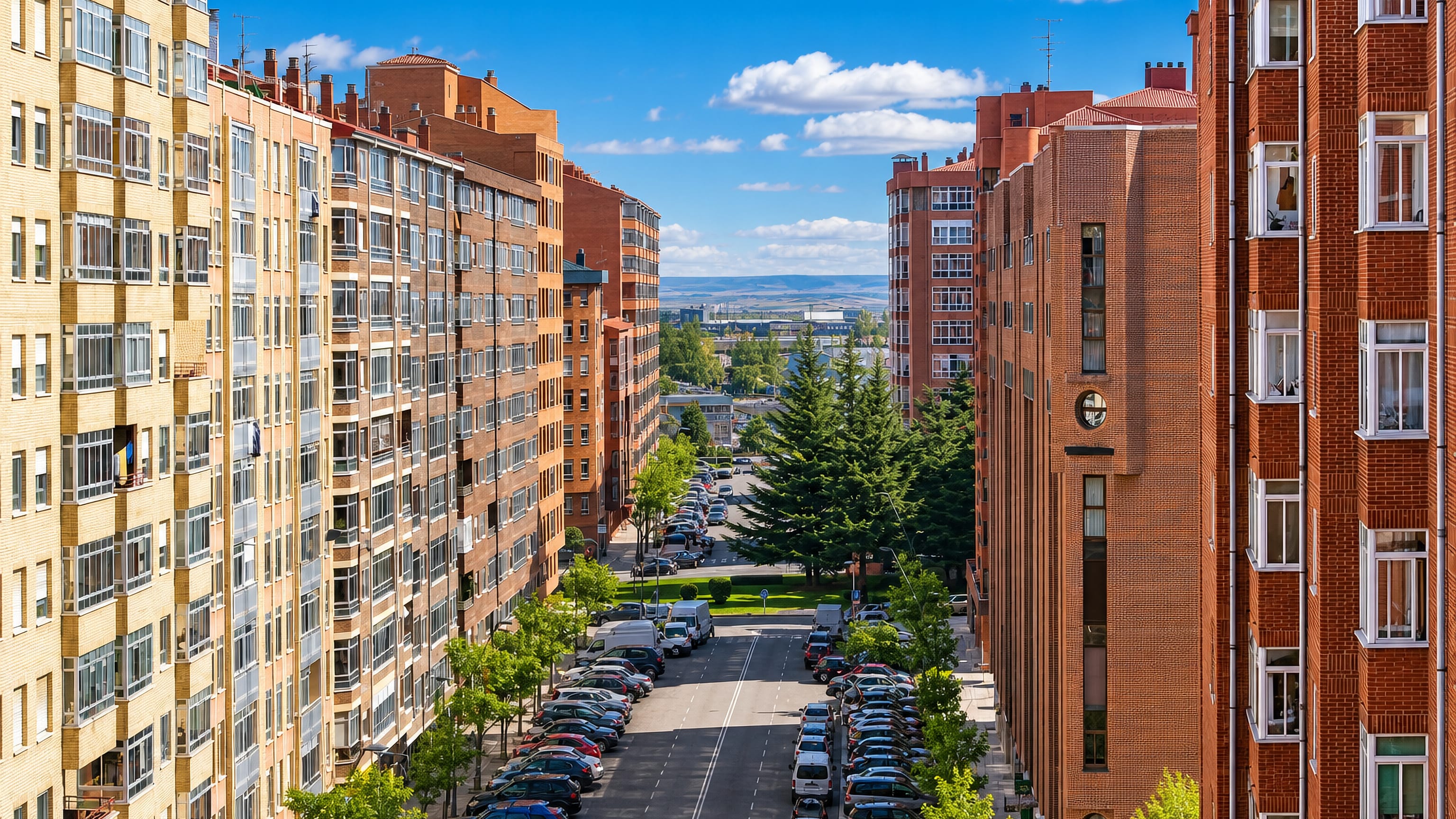 A street of brick apartment blocks in Gamonal, Burgos, with parked cars and the Castilian plain beyond.
