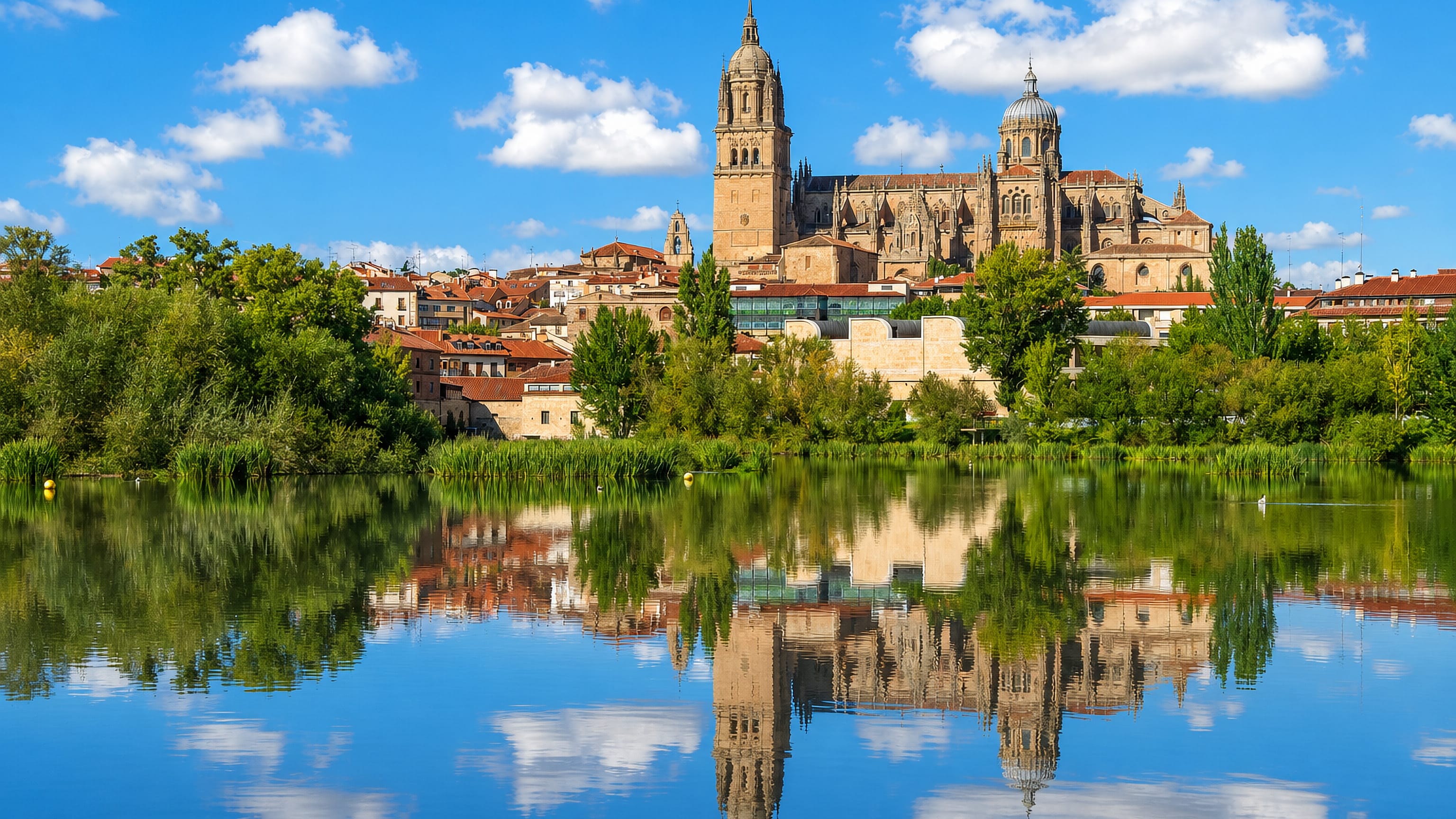 Salamanca's New Cathedral tower and ribbed dome reflected in the River Tormes above the old town roofs.