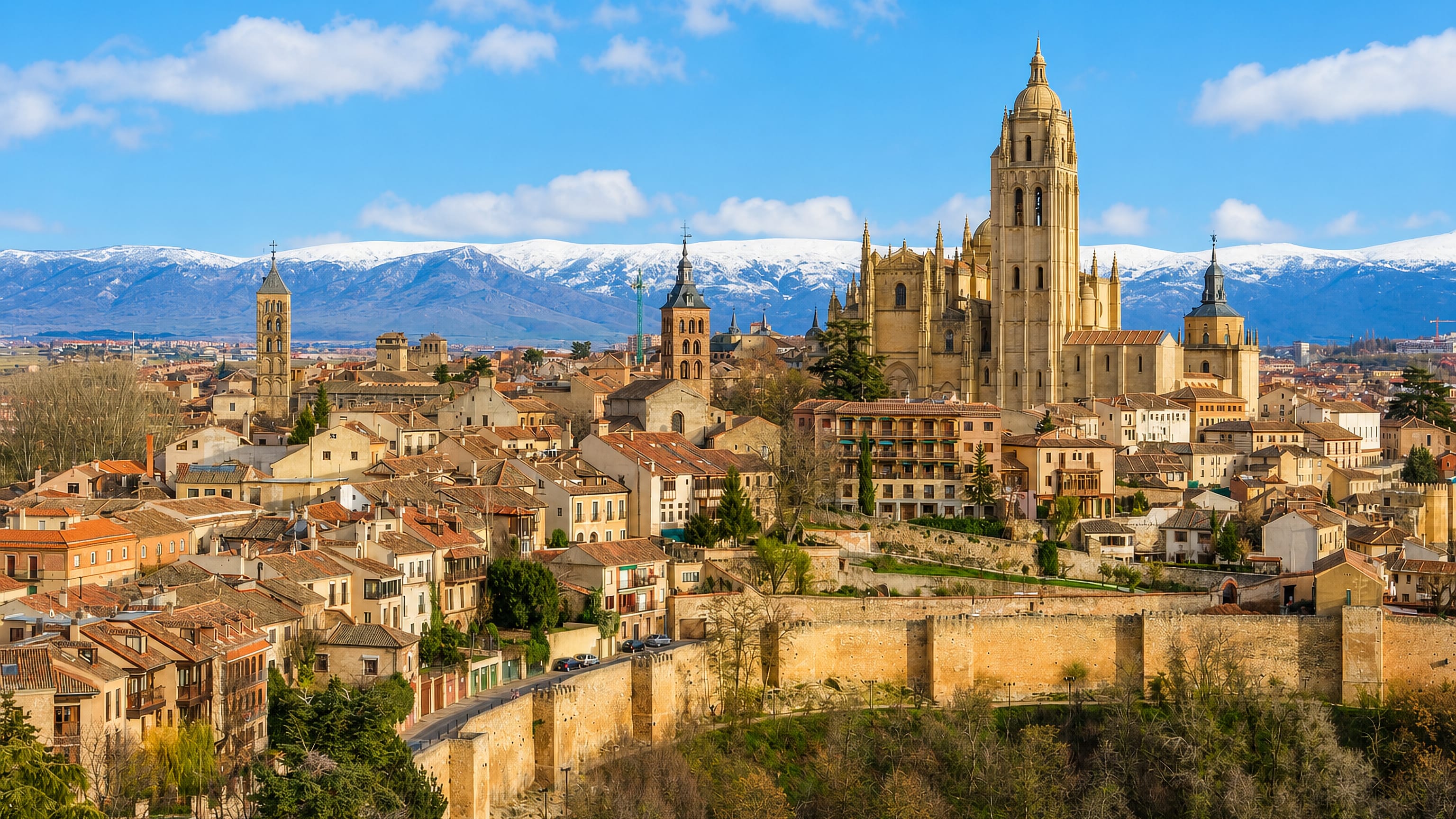 Segovia's old town and Gothic cathedral above the city walls, with the snow-capped Sierra de Guadarrama behind.