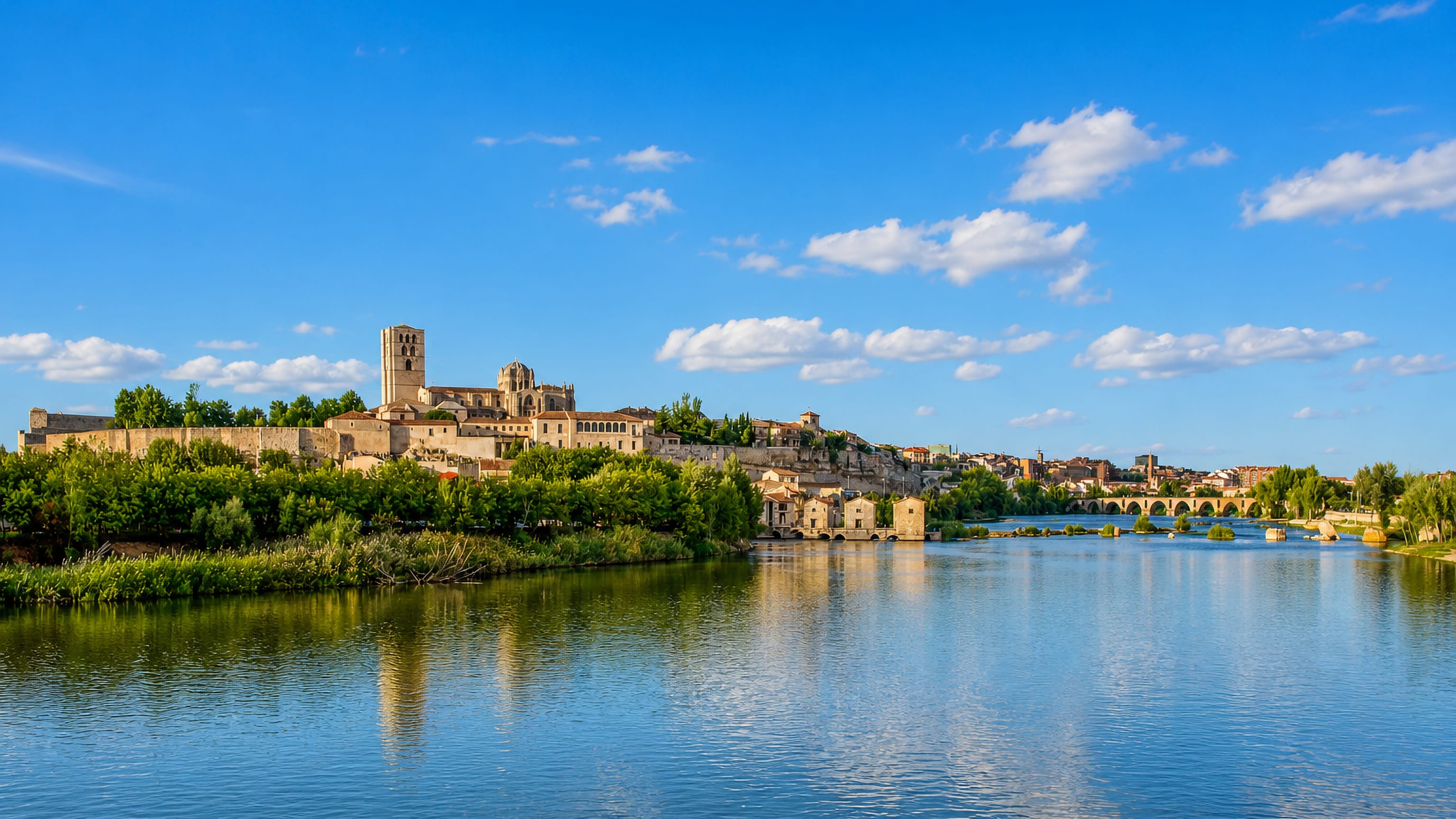 Zamora's cathedral tower and scaled dome above the old city walls and the Duero river, with the stone bridge beyond.