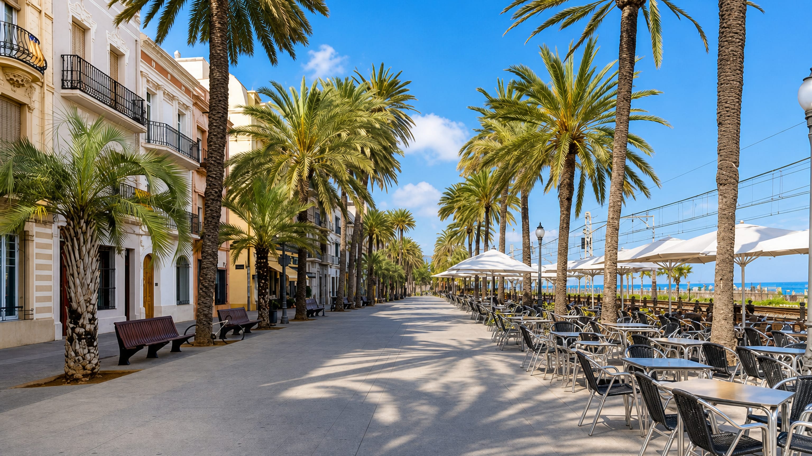 Palm-lined seafront promenade in Badalona, Spain, with cafe terraces, the coastal railway and the Mediterranean