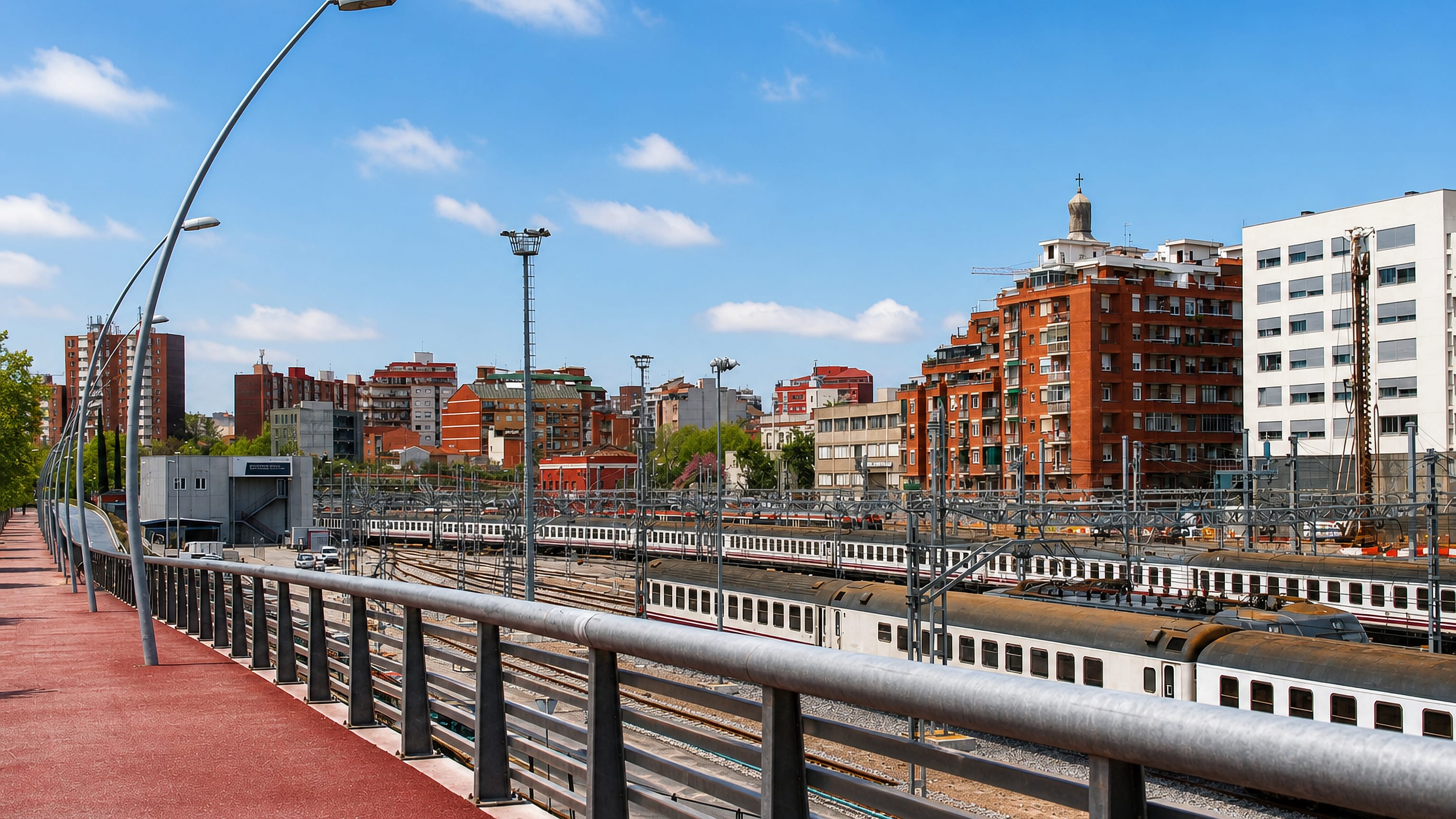 Rail yards and red-brick apartment blocks under a blue sky in Barri de Sant Andreu, Barcelona.