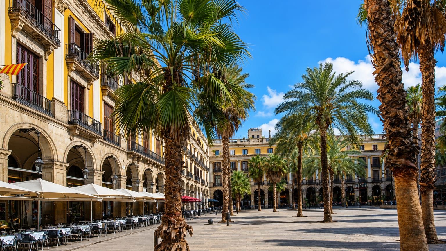 Palm-lined arcaded Plaça Reial with cafe terraces in the Barri Gotic, Barcelona's Gothic Quarter.