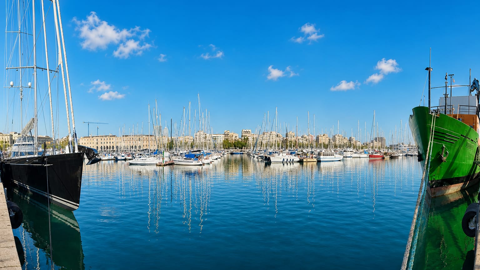 Port Vell marina with moored yachts and the old-town skyline of Ciutat Vella, Barcelona under a bright blue sky.