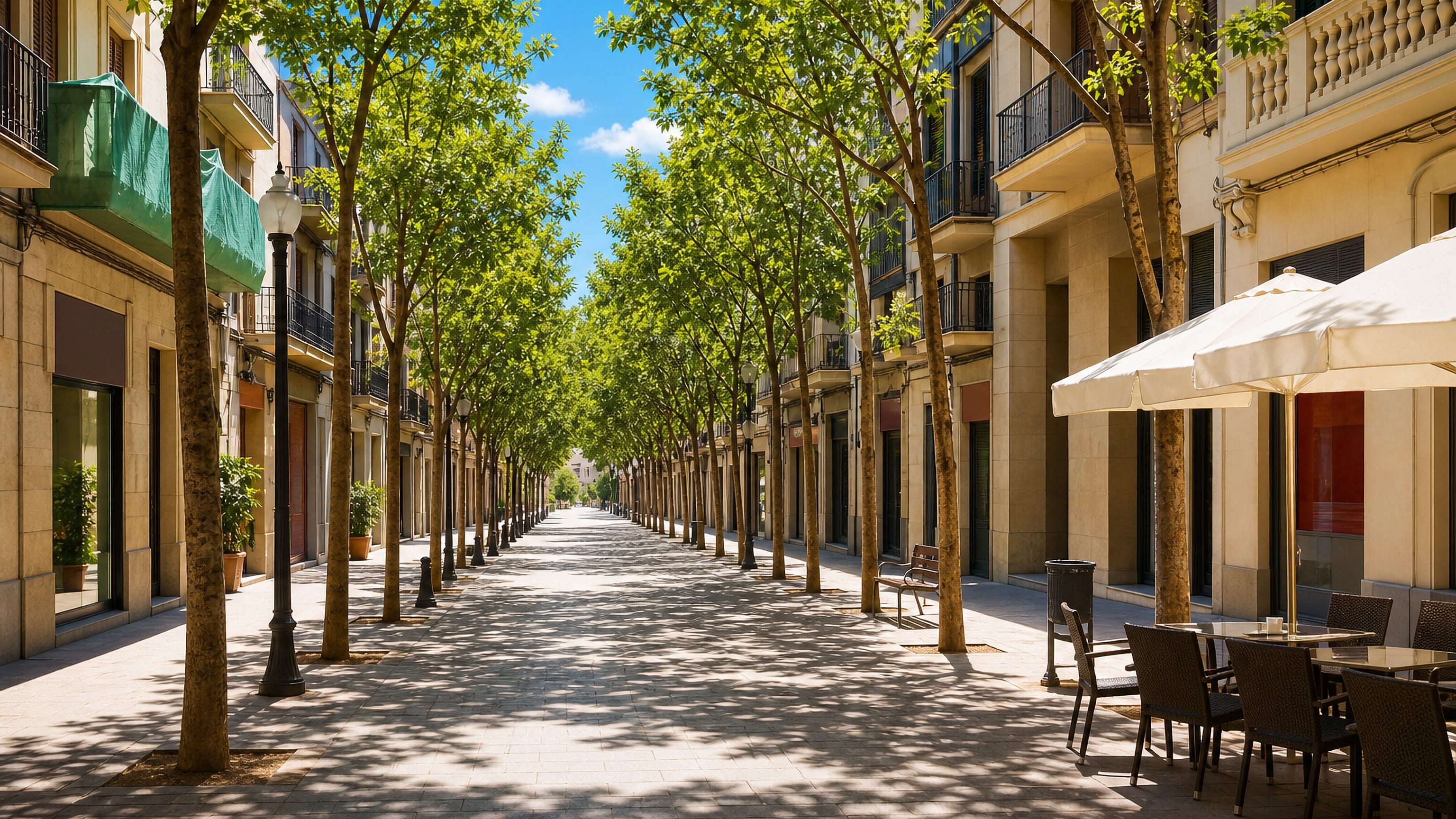 Plane-tree-shaded pedestrian rambla with cafe terraces in el Camp de l'Arpa del Clot, Barcelona.