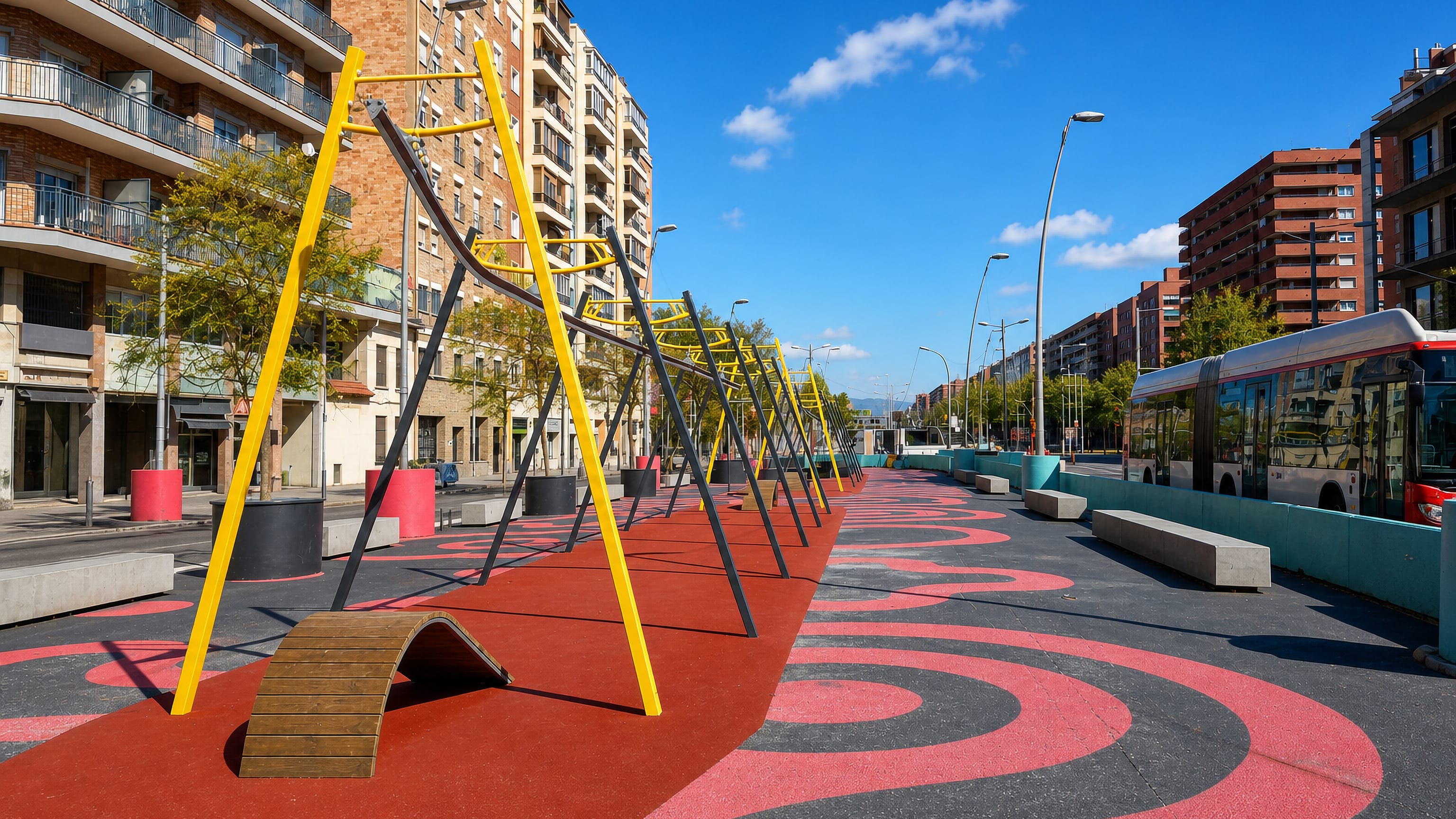 Playground and bus lane on a redeveloped avenue in el Clot, Barcelona, framed by apartment blocks.