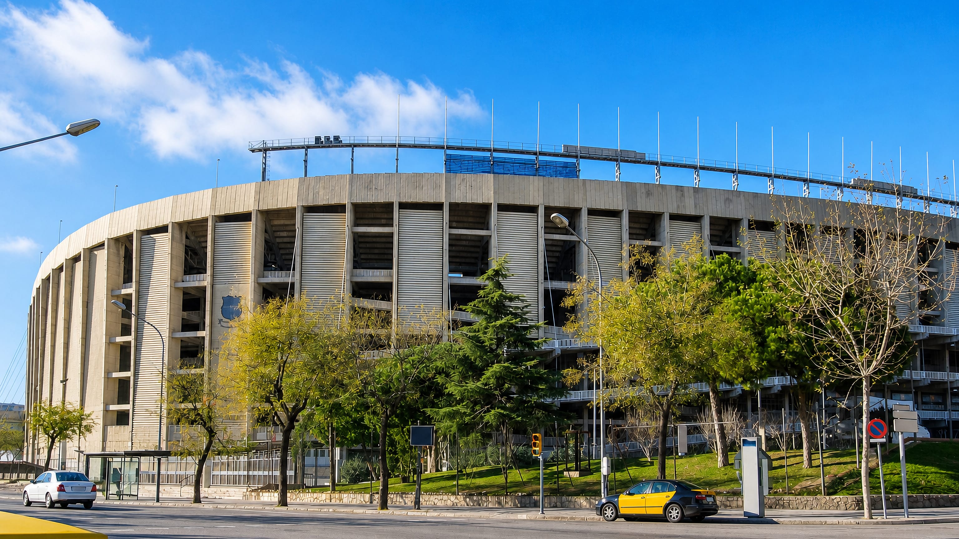 Camp Nou stadium seen from the street in la Maternitat i Sant Ramon, Barcelona.