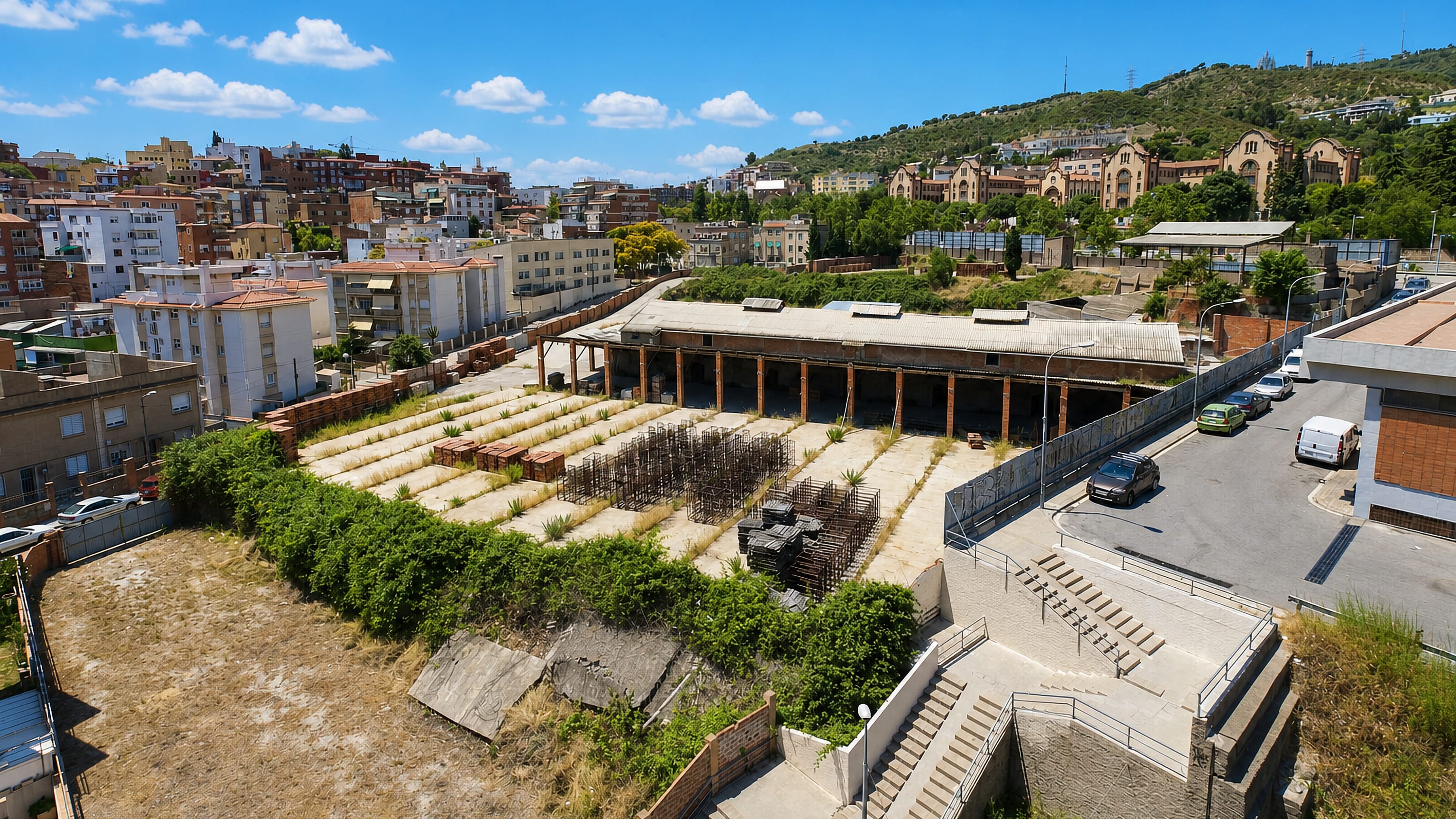 La Teixonera, Barcelona: apartment blocks on the Collserola slope above a disused walled yard and stepped street.