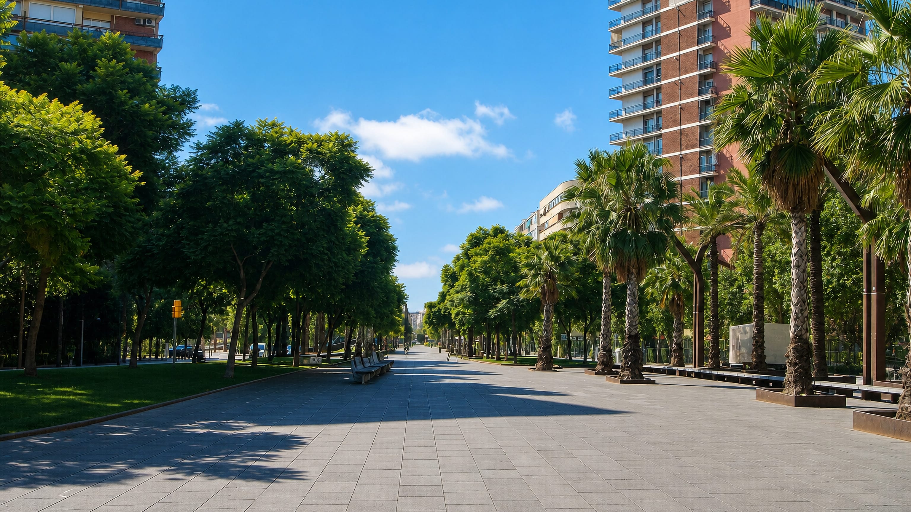 Wide palm-lined promenade running between modern apartment blocks in Les Corts, Barcelona.