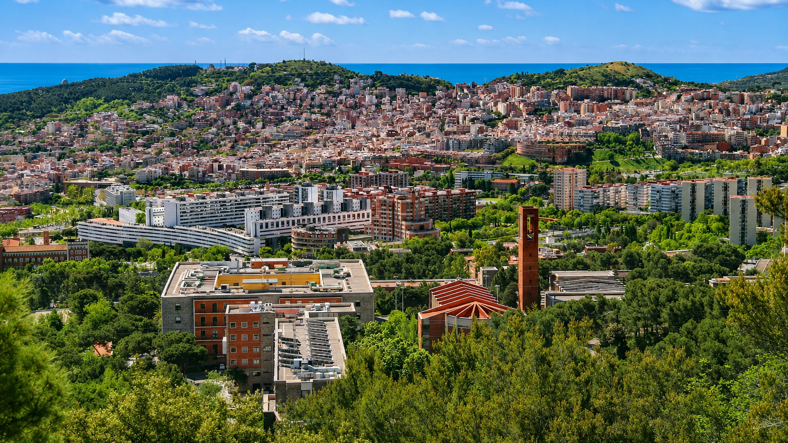 Montbau in Barcelona seen from the Collserola hillside, with housing blocks, pines and the sea beyond.