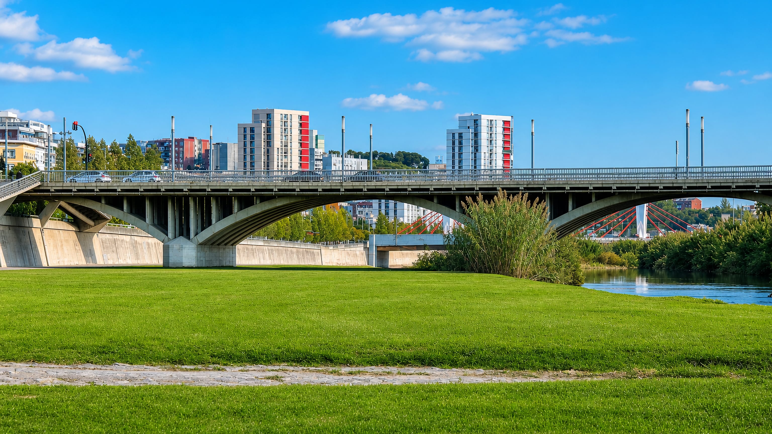 Concrete arch road bridge over the river with mid-rise apartment blocks behind in Sant Andreu, Barcelona.