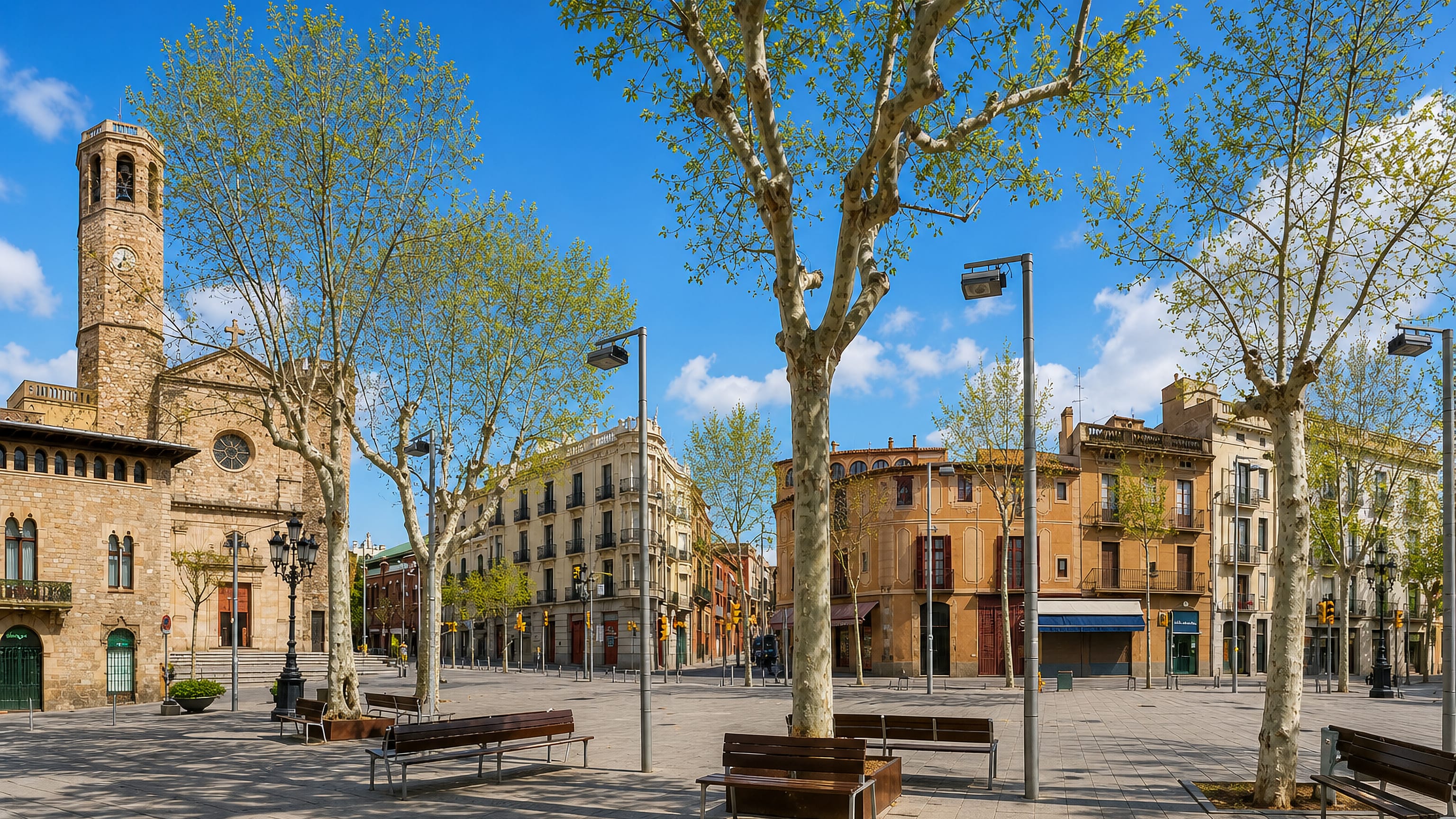 The stone bell tower of Sant Vicenç church above the plane-shaded main square of Sarrià, Barcelona.