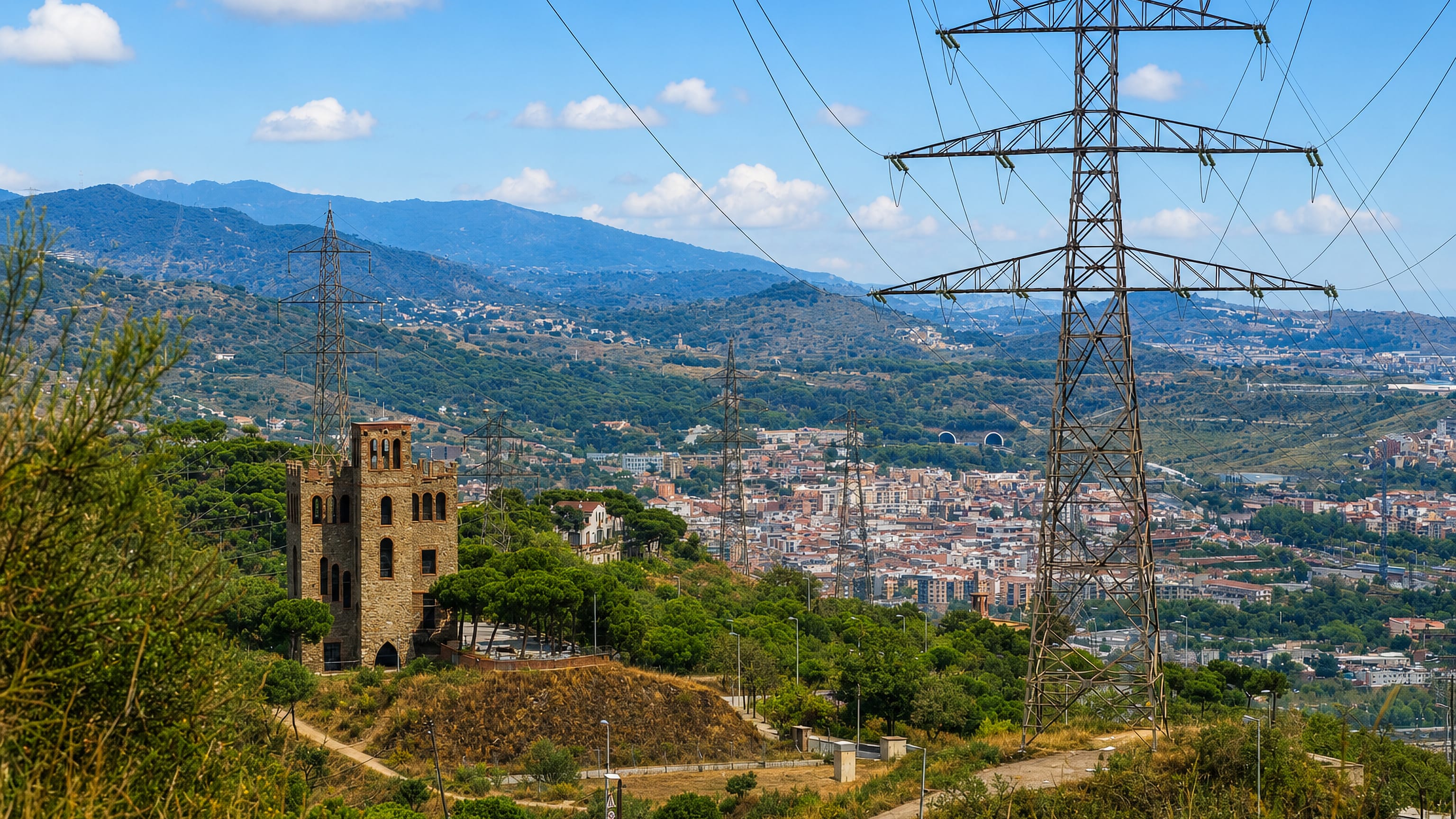 The crenellated Castell de Torre Baro on a wooded Collserola hillside above Barcelona's Nou Barris rooftops