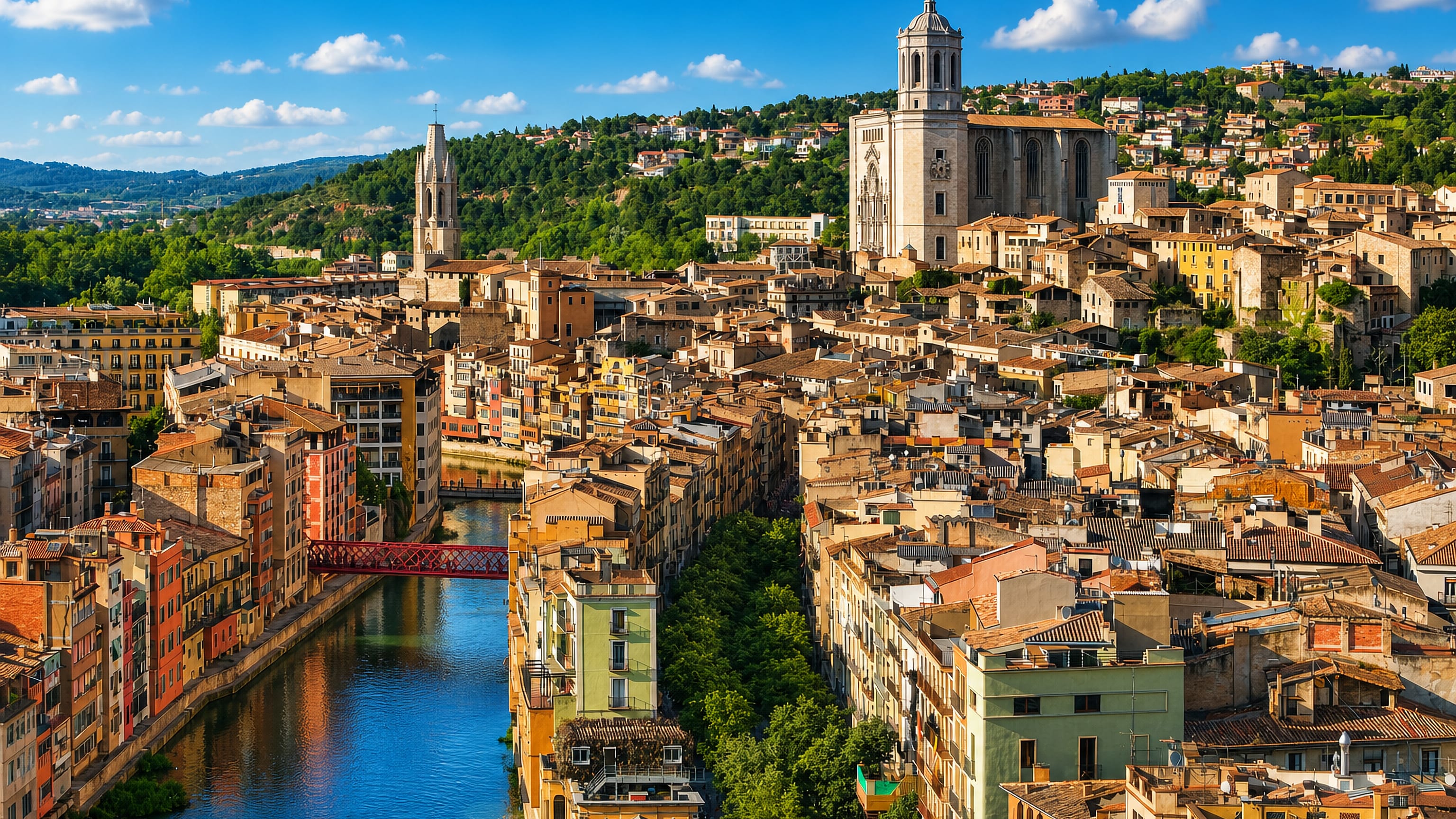 Girona's coloured Onyar riverfront houses, the red Eiffel bridge and the cathedral bell tower